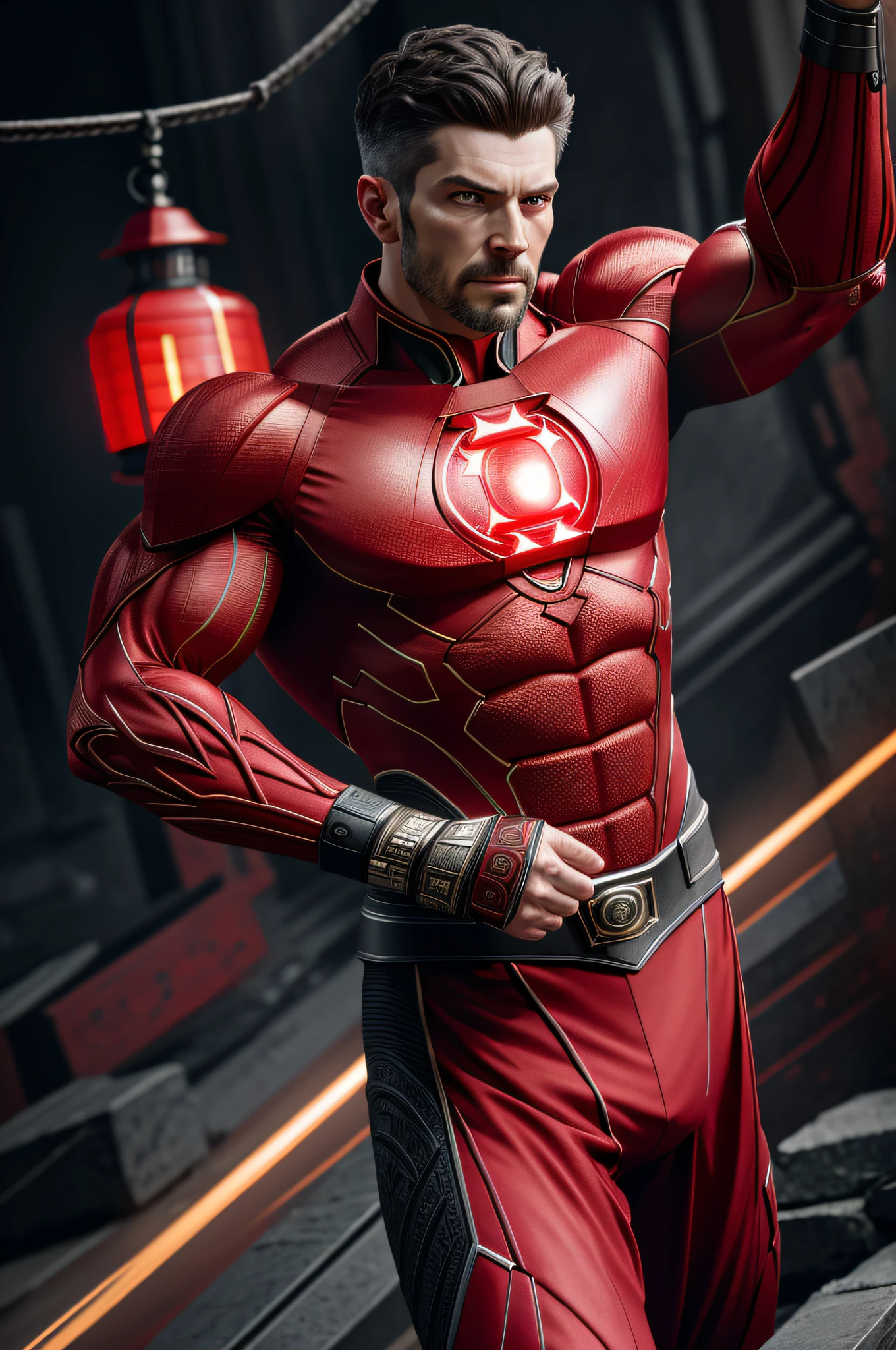 (8k, RAW photo, best quality, masterpiece:1.2), ultra detailed, official art, photo-realistic:1.37, upper body shot, DC Red Lantern, film grain, action pose
