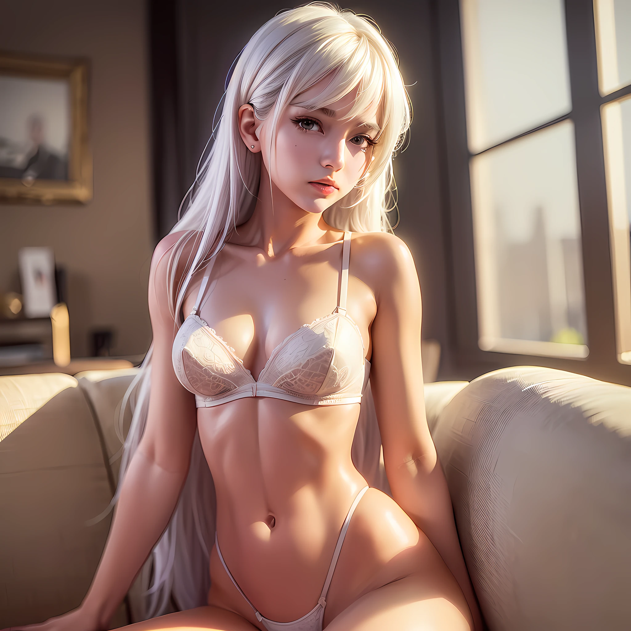 ((Cinematic light, Best quality, 8k, Masterpiece :1.3)), 1girl, Pretty woman with slender abs :1.4, (ted white hair, small breasts :1.3),string panties, bra :1.2, strapless, seductive open lips, Couch, Ultra-detailed face, Detailed eyes, Double eyelid
