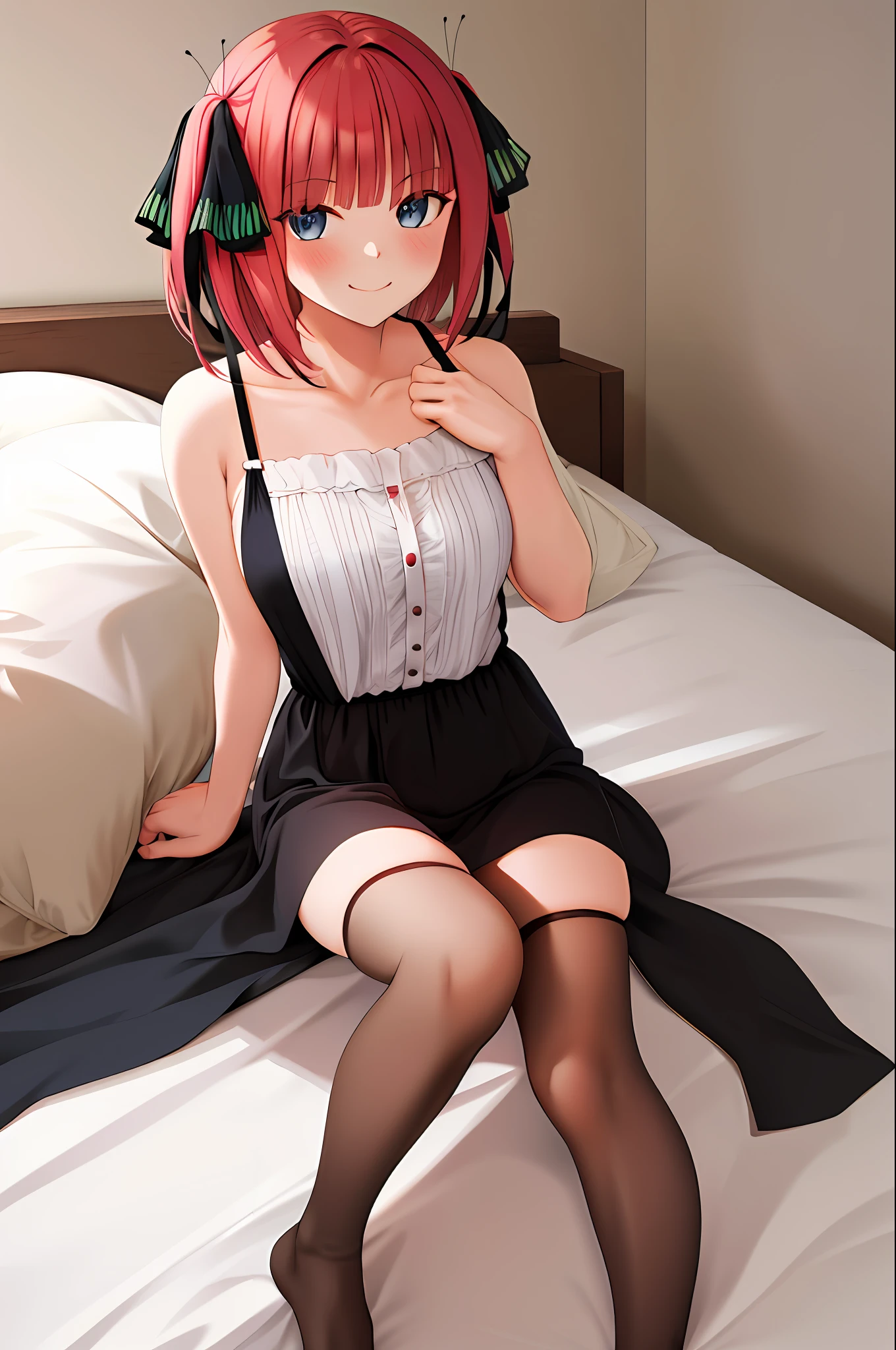 masterpiece, best quality, highres, nn1,1girl, hair ribbon, short hair, sitting, bed, night dress, legs, black stocking, looking into viewer, smile, blush ceek, sexy pose, hands behind, medium breast, breast out,