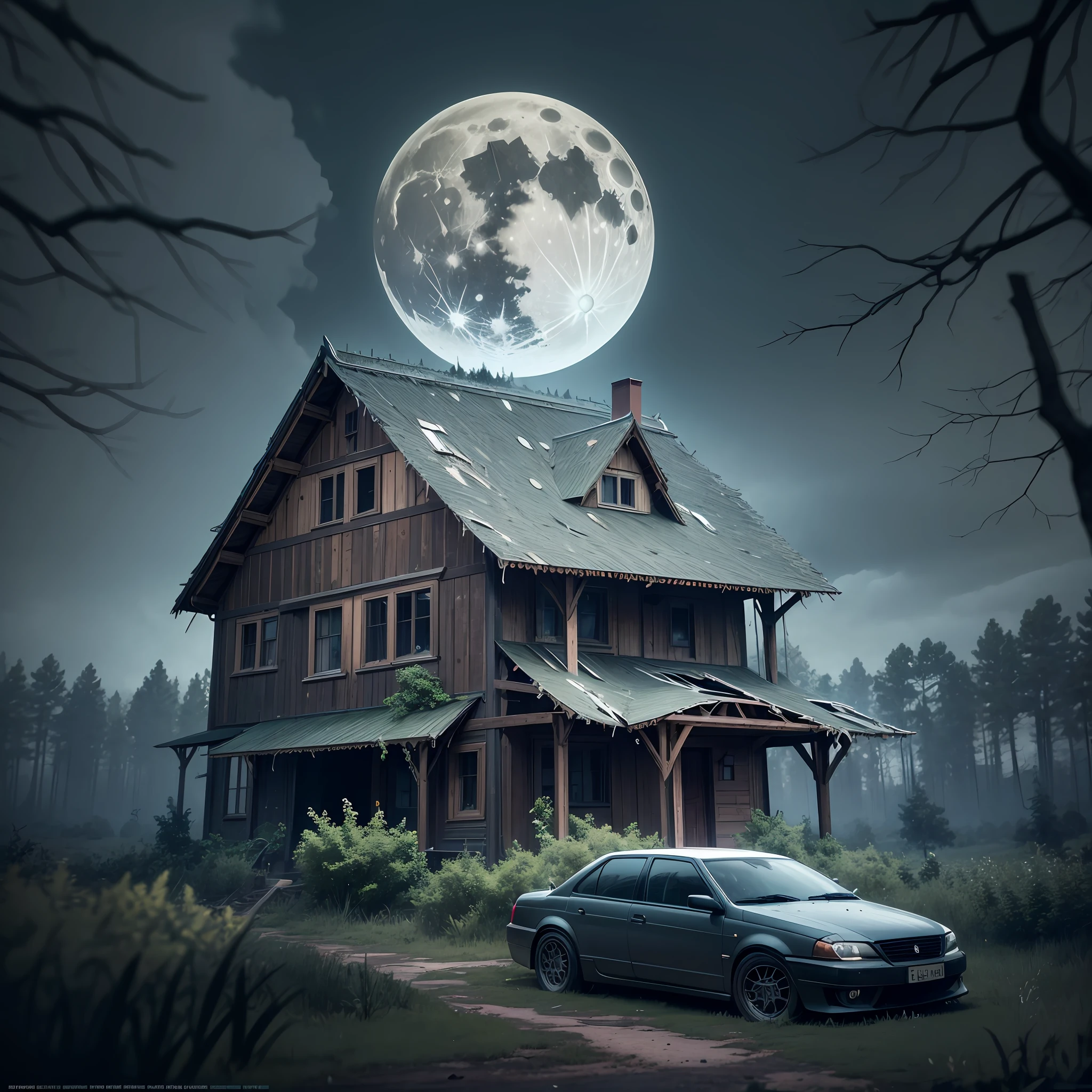 Broken house in the middle of the forest with lots of subject, broken car, full moon, dark clouds, forest, branches over the house, k,ray trace reflections, anti-aliasing, super detailed, birds,full moon, Unreal Engine,SFX, insanely detailed and intricate, hypermaximalist --auto --s2