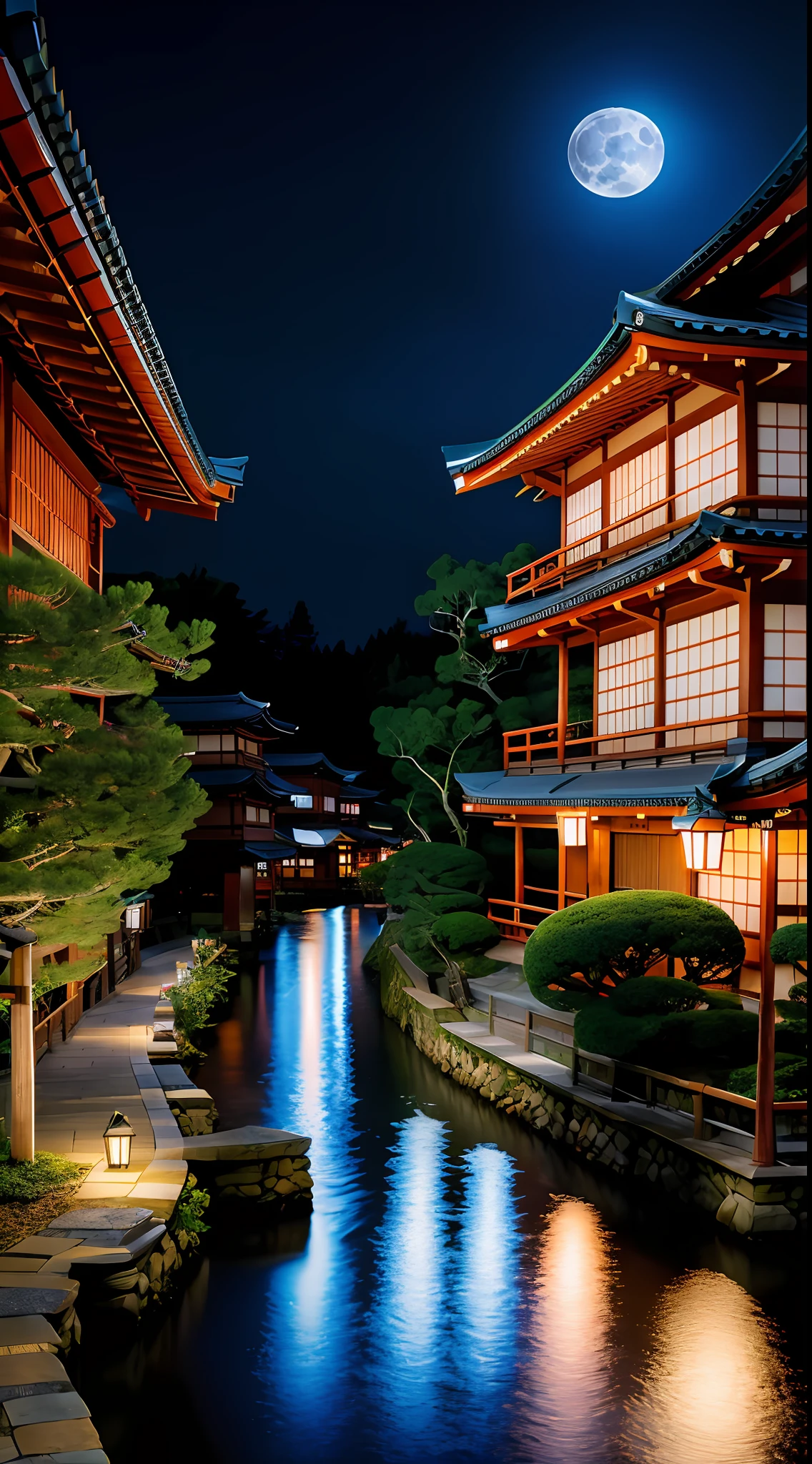 japanis village , fantasy , rain , night , blue full moon