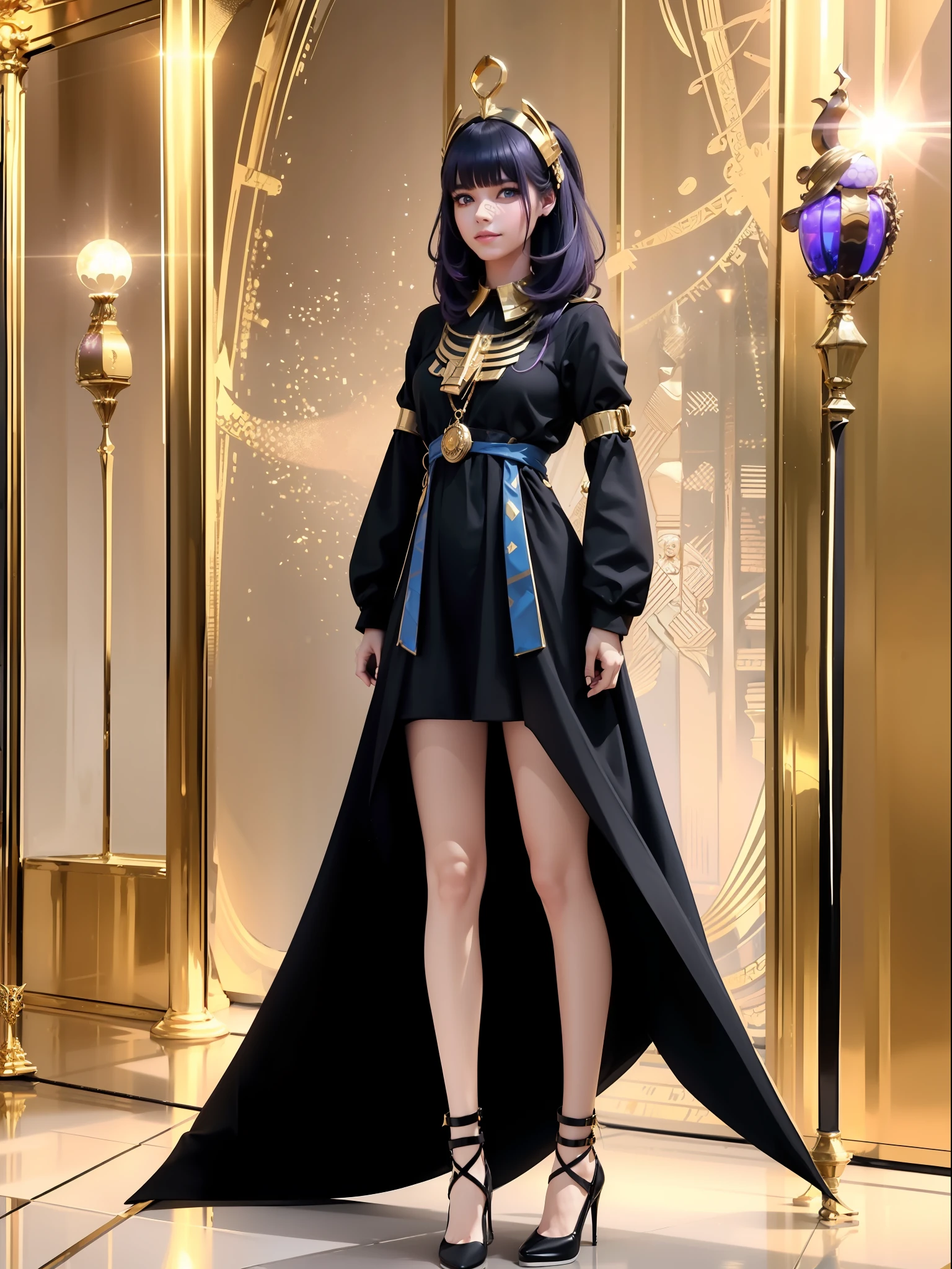 ((Full body photo,standing, feet on the ground)), Saria has large breasts, emo on her head, black color with golden parts/futuristic Egyptian costume, Egyptian necklace on her neck, extremely tight on her body, she is inside a pyramid in front of an altar with a giant statuette of pure gold, she has purple hair, blue eyes,  is with closed hands, holding a pure gold scepter,is looking at the viewer, smiling, face with red cheek, light makeup on face, Futurism, 16k, UHD, retina, masterpiece, ccurate, anatomically correct, best quality, high quality, textured skin