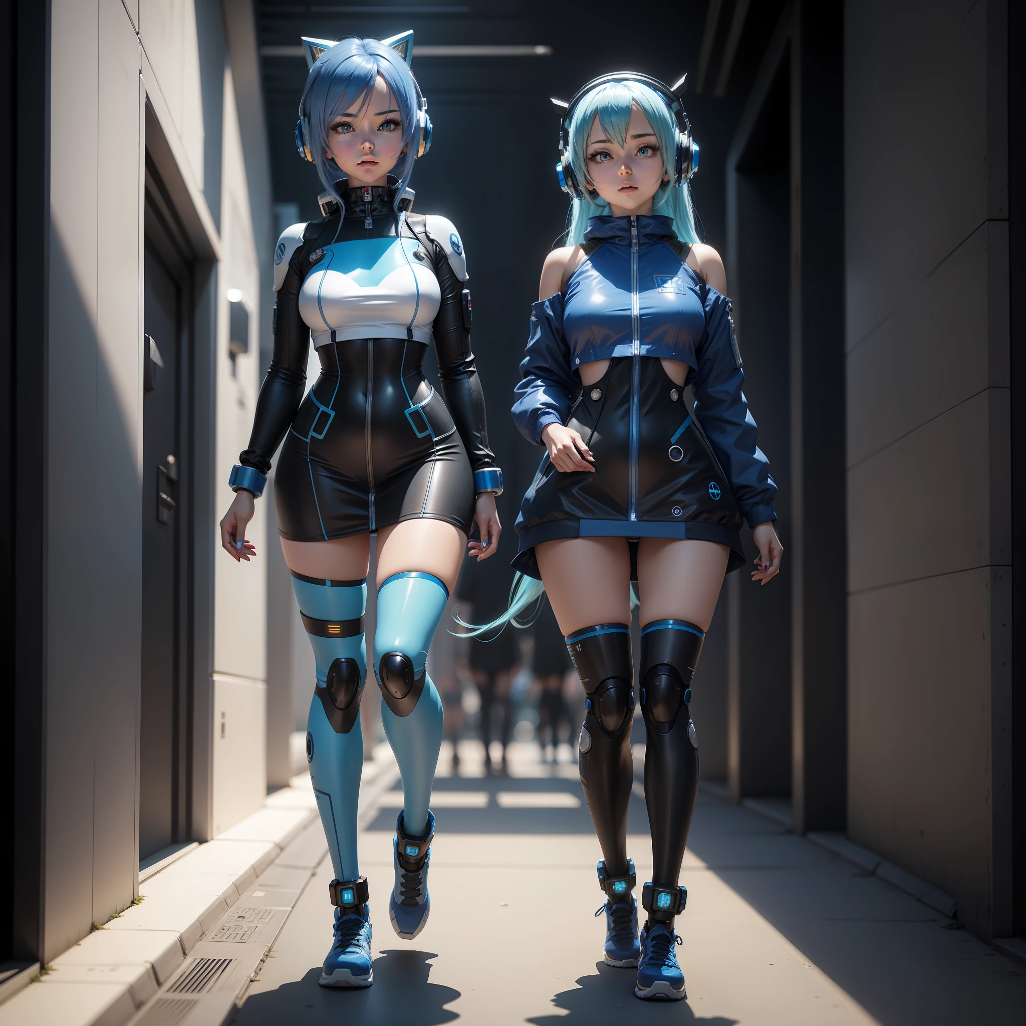 Full body, blue hair woman wearing headphones, anime space cadet girl, cute cyborg girl, smooth anime CG art, photorealistic anime girl rendering, perfect anime cyborg woman, perfect android girl inspired by malekuocon, beautiful girl cyborg, cyborg-girl, 3d anime girl, Future Anime Girls