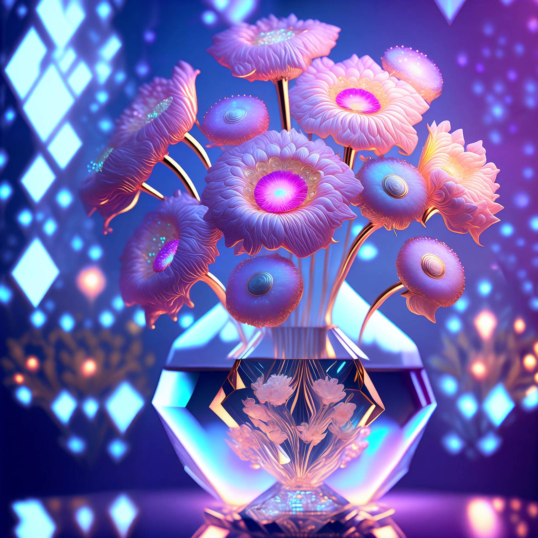 Masterpiece, best quality, a bouquet of heavenly flowers in a crystal vase, cyberpunk style, (((intricate background))), (((intricate details))), ultra-detailed, (((realistic))), Cinematic, Unreal Engine 5 rendering, 3d rendering lighting, dynamic lighting, (reflected and refracted lighting glow), ((diamond effect)), flares, brighter,