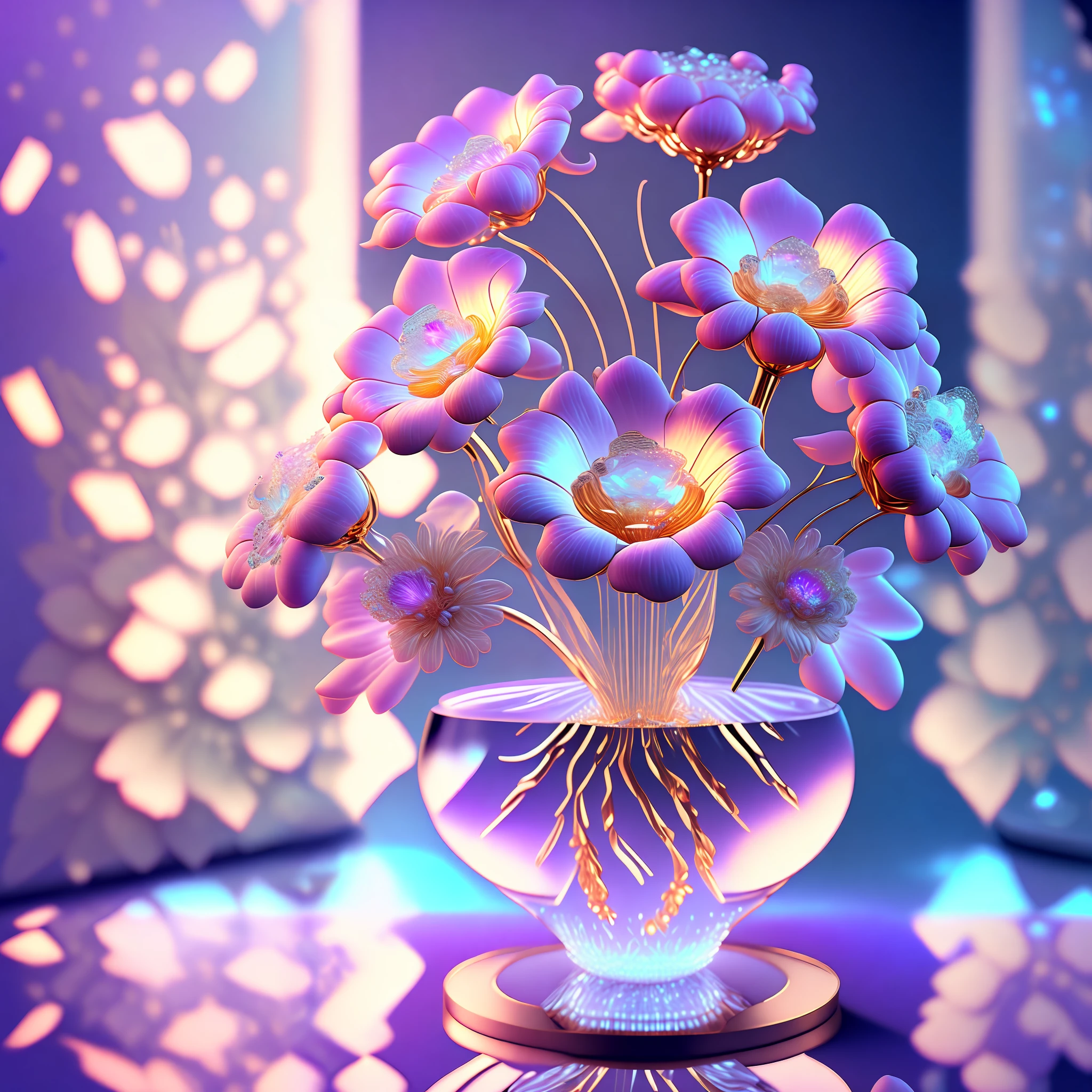 Masterpiece, best quality, a bouquet of heavenly flowers in a crystal vase, cyberpunk style, (((intricate background))), (((intricate details))), ultra-detailed, (((realistic))), Cinematic, Unreal Engine 5 rendering, 3d rendering lighting, dynamic lighting, (reflected and refracted lighting glow), ((diamond effect)), flares, brighter,