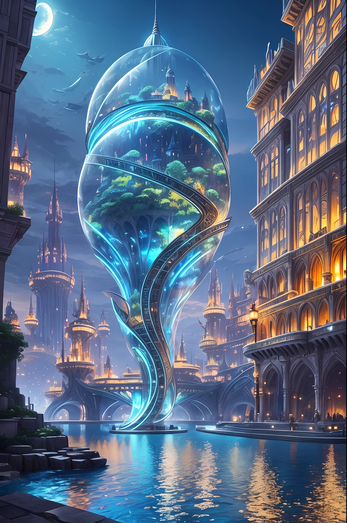 Fantasy concept art, a transparent building as a huge aquarium with fish at night, nice lighting decorations, wide angle shot, 8k octane rendering, realistic, epic shot, cinematic lighting, detailed architecture, detailed fish