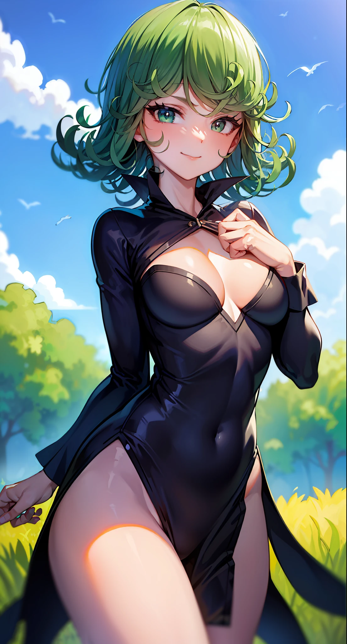 (masterpiece, best quality:1.2), cowboy shot, solo, 1girl, tatsumaki, lustful smile, closed mouth, looking at the viewer, ass, wide hips, black dress, night sky, clouds, erotica