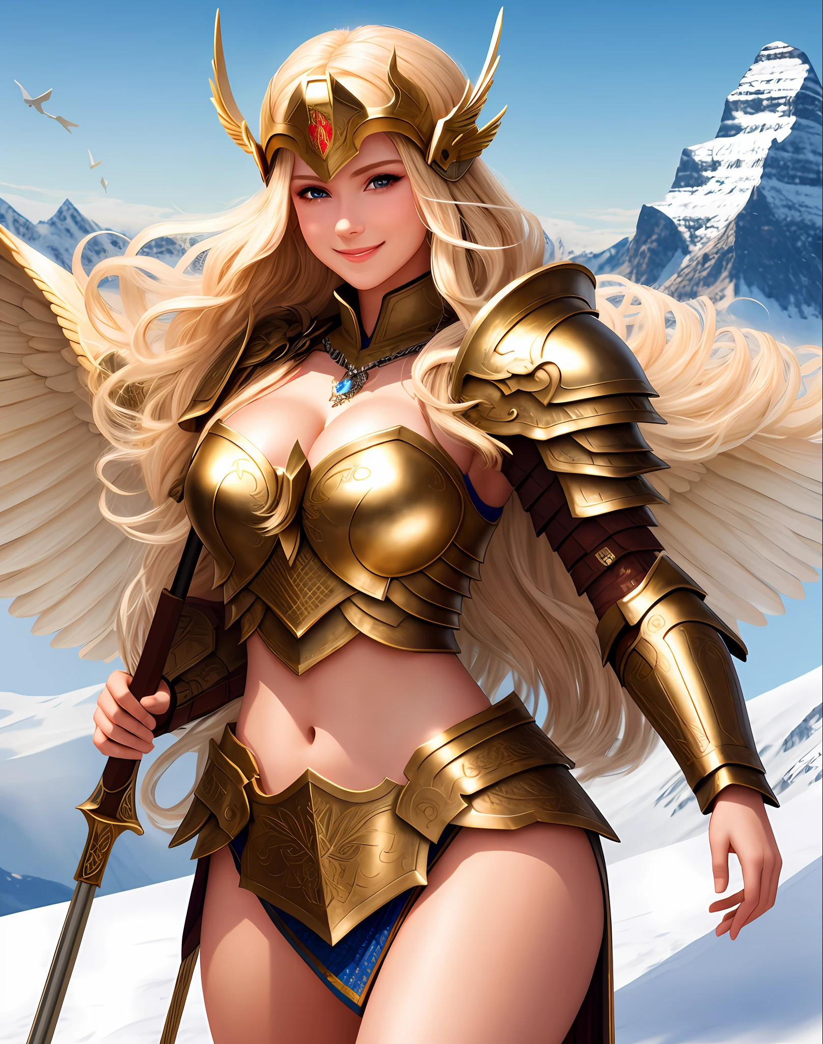 4K, Masterpiece, highres, absurdres, smiling,beautiful blonde walkure, a woman with wings ,wearing walkure,wings,armor,helmet, chainmail armor, viling norse setting, snowy mountain background