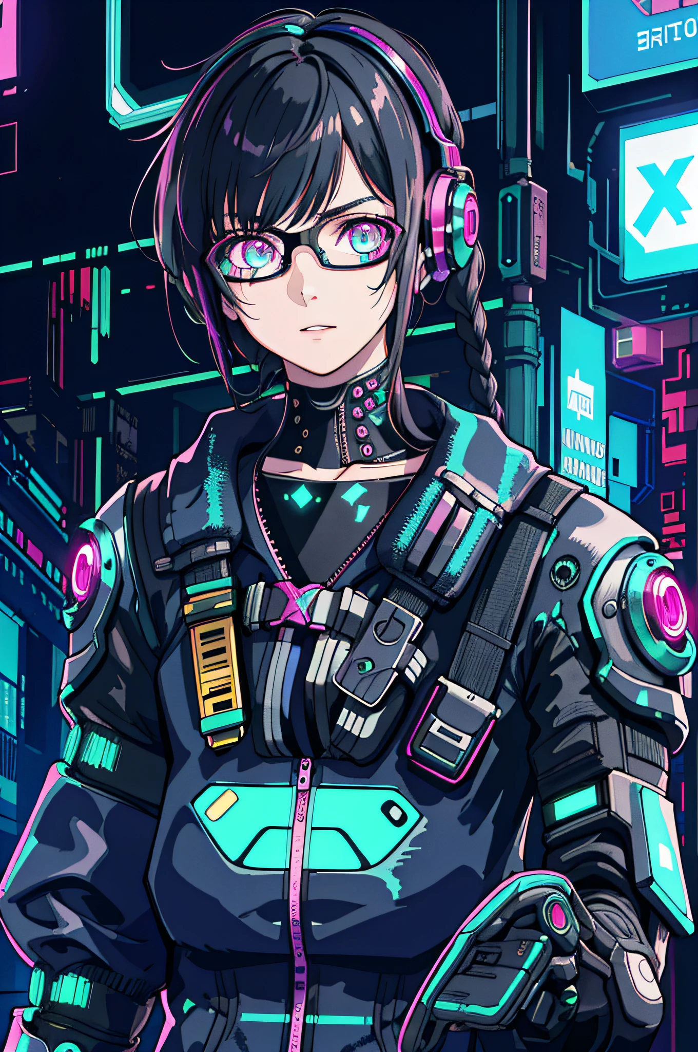 1girl, close-up, intricate details, (cyberpunk:1.4), mechanical arms, eyeglasses, messy hair, (glowing neon armor:1.2), machinery, black background