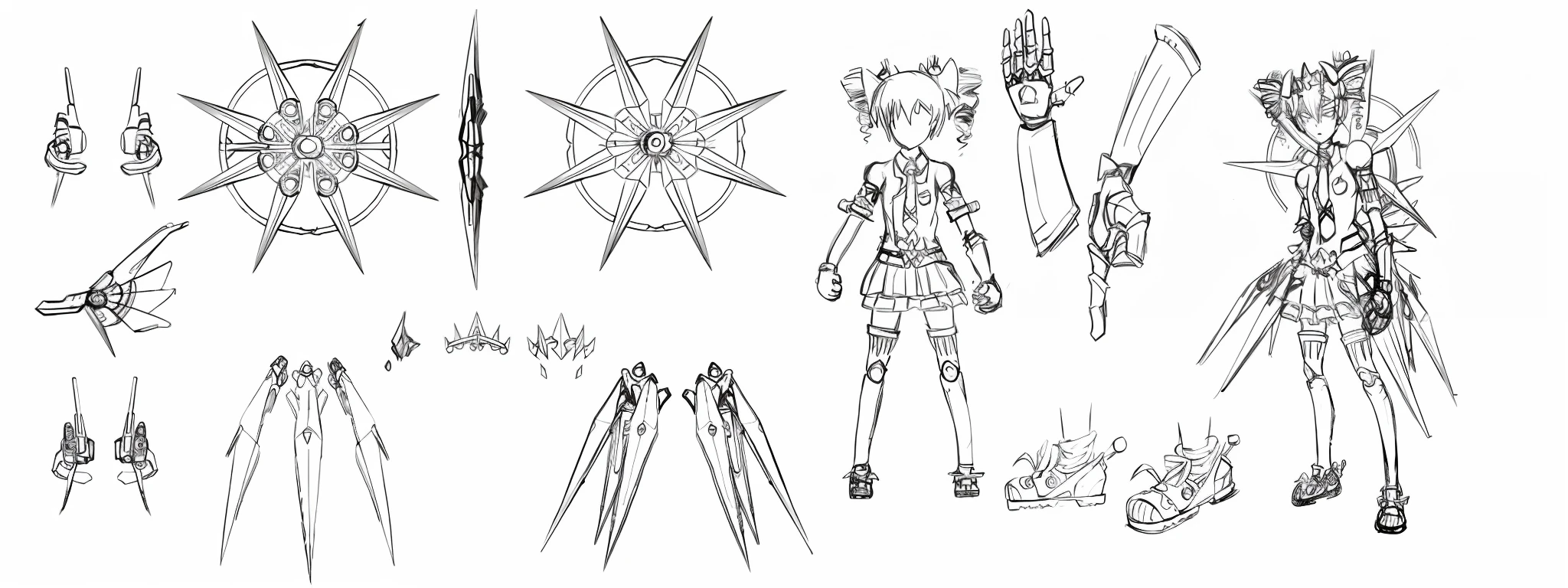 Concept, girly, cartoon, mechanical arm, mechanical calf, double helix braid, three no girls, school uniform miniskirt, metal hovering octagonal wheel at back, character setting,