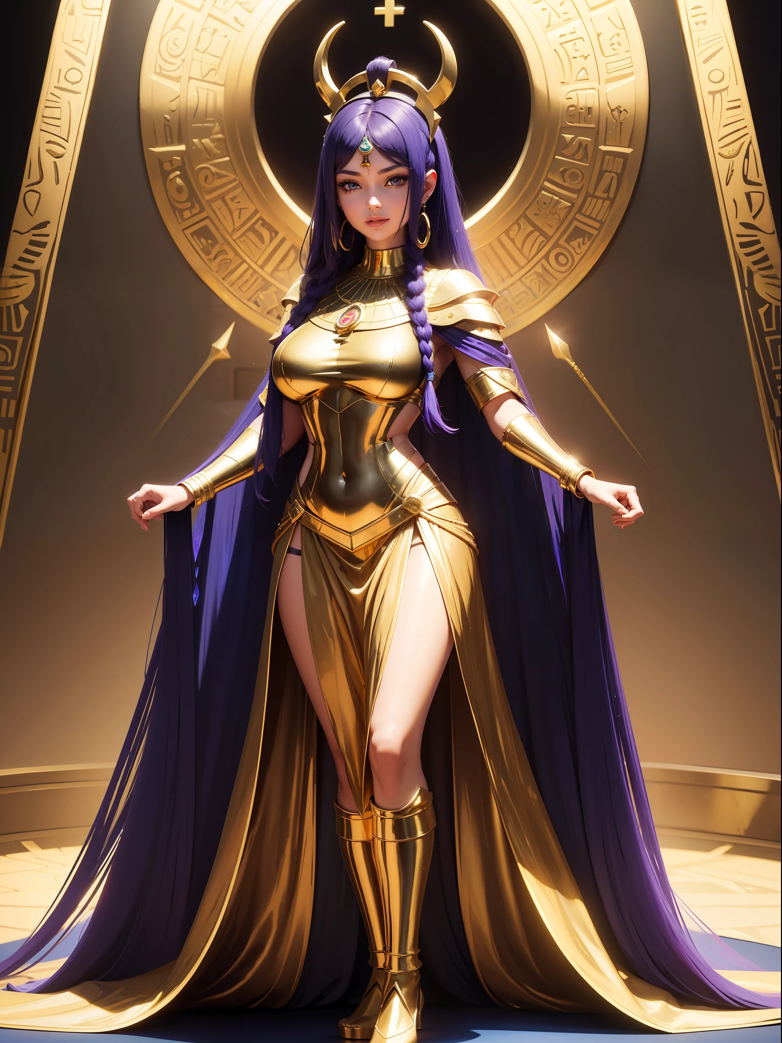 ((Full body photo,standing, feet on the ground)), Saria has large breasts, emo on her head, black color with golden parts/futuristic Egyptian costume, Egyptian necklace on her neck, extremely tight on her body, she is inside a pyramid in front of an altar with a giant statuette of pure gold, she has purple hair, blue eyes,  is with closed hands, holding a pure gold scepter,is looking at the viewer, smiling, face with red cheek, light makeup on face, Futurism, 16k, UHD, retina, masterpiece, ccurate, anatomically correct, best quality, high quality, textured skin