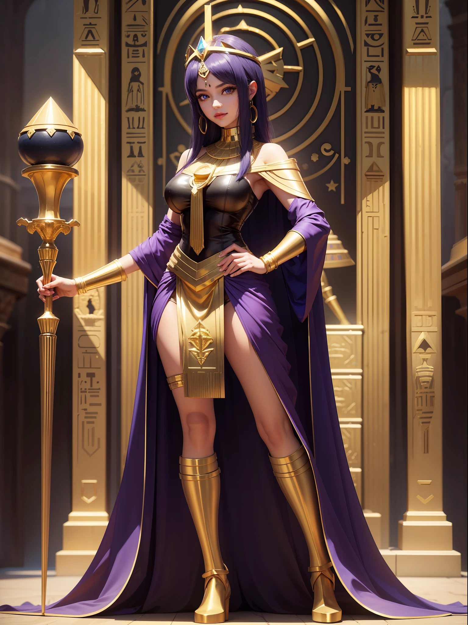 ((Full body photo,standing, feet on the ground)), Saria has large breasts, emo on her head, black color with golden parts/futuristic Egyptian costume, Egyptian necklace on her neck, extremely tight on her body, she is inside a pyramid in front of an altar with a giant statuette of pure gold, she has purple hair, blue eyes,  is with closed hands, holding a pure gold scepter,is looking at the viewer, smiling, face with red cheek, light makeup on face, Futurism, 16k, UHD, retina, masterpiece, ccurate, anatomically correct, best quality, high quality, textured skin