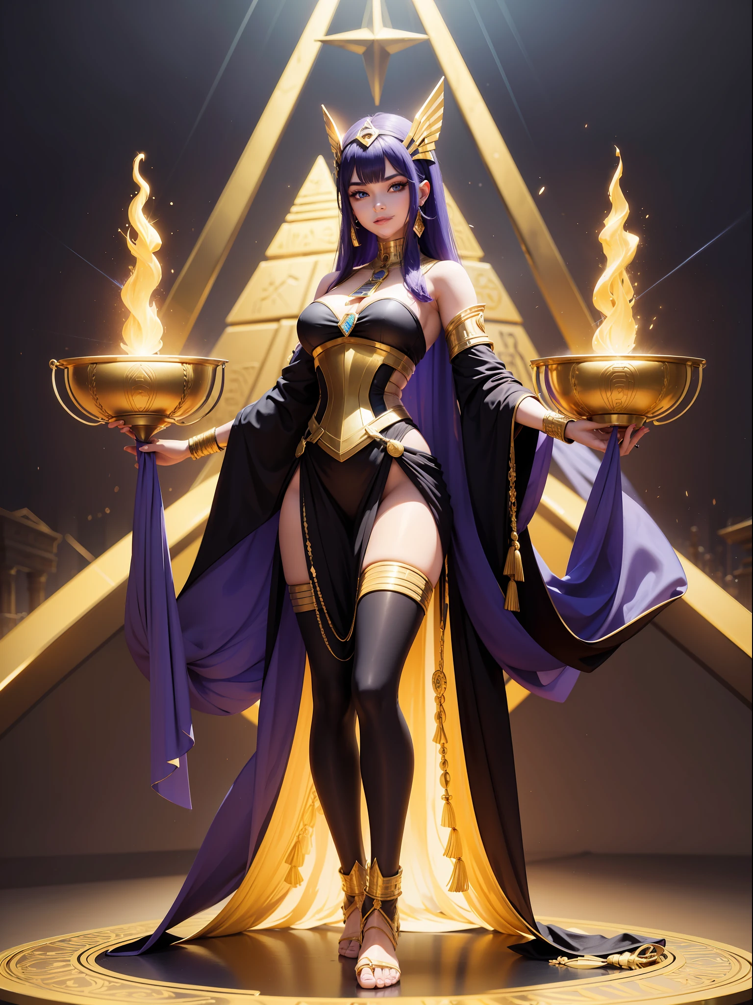 ((Full body photo,standing, feet on the ground)), Saria has large breasts, emo on her head, black color with golden parts/futuristic Egyptian costume, Egyptian necklace on her neck, extremely tight on her body, she is inside a pyramid in front of an altar with a giant statuette of pure gold, she has purple hair, blue eyes, is with closed hands, holding a pure gold scepter,is looking at the viewer, smiling, face with red cheek, light makeup on face, Futurism, 16k, UHD, retina, masterpiece, ccurate, anatomically correct, best quality, high quality, textured skin