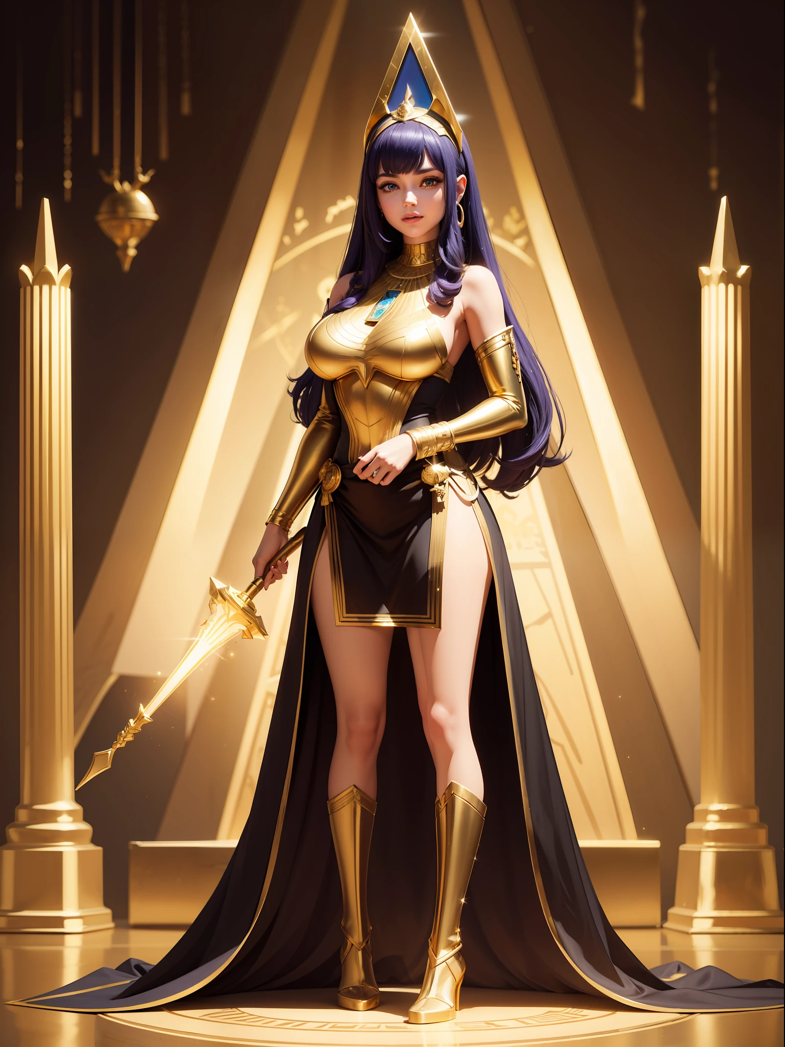 ((Full body photo,standing, feet on the ground)), Saria has large breasts, emo on her head, black color with golden parts/futuristic Egyptian costume, Egyptian necklace on her neck, extremely tight on her body, she is inside a pyramid in front of an altar with a giant statuette of pure gold, she has purple hair, blue eyes, is with closed hands, holding a pure gold scepter,is looking at the viewer, smiling, face with red cheek, light makeup on face, Futurism, 16k, UHD, retina, masterpiece, ccurate, anatomically correct, best quality, high quality, textured skin