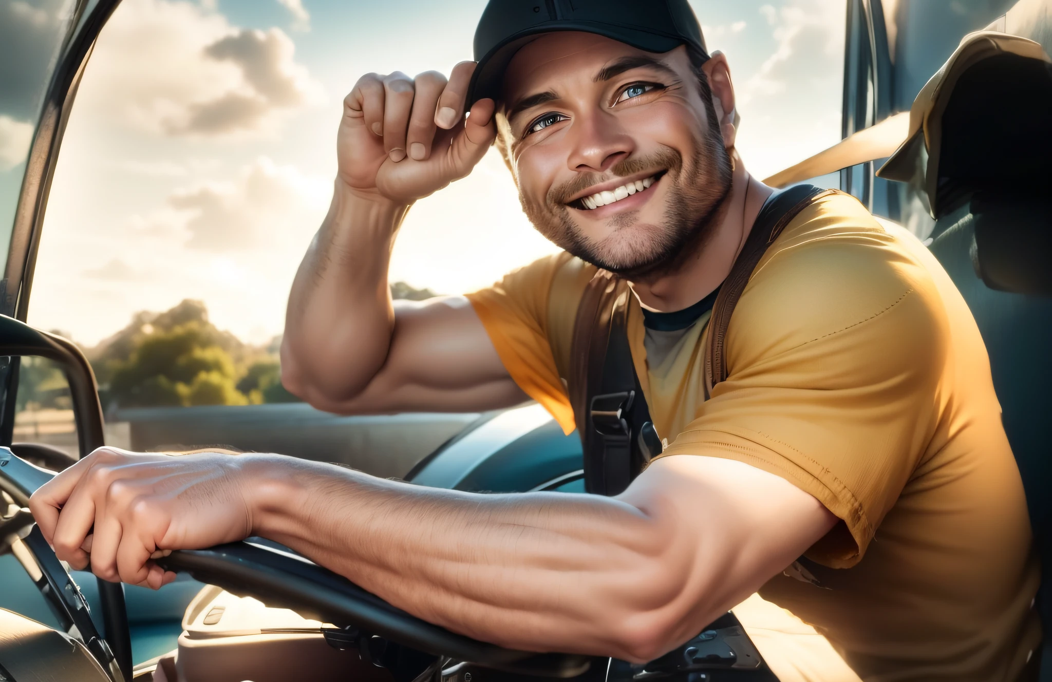 Trucker with cap outside the truck smiling (ultra realistic, cinematic details) --auto --s2