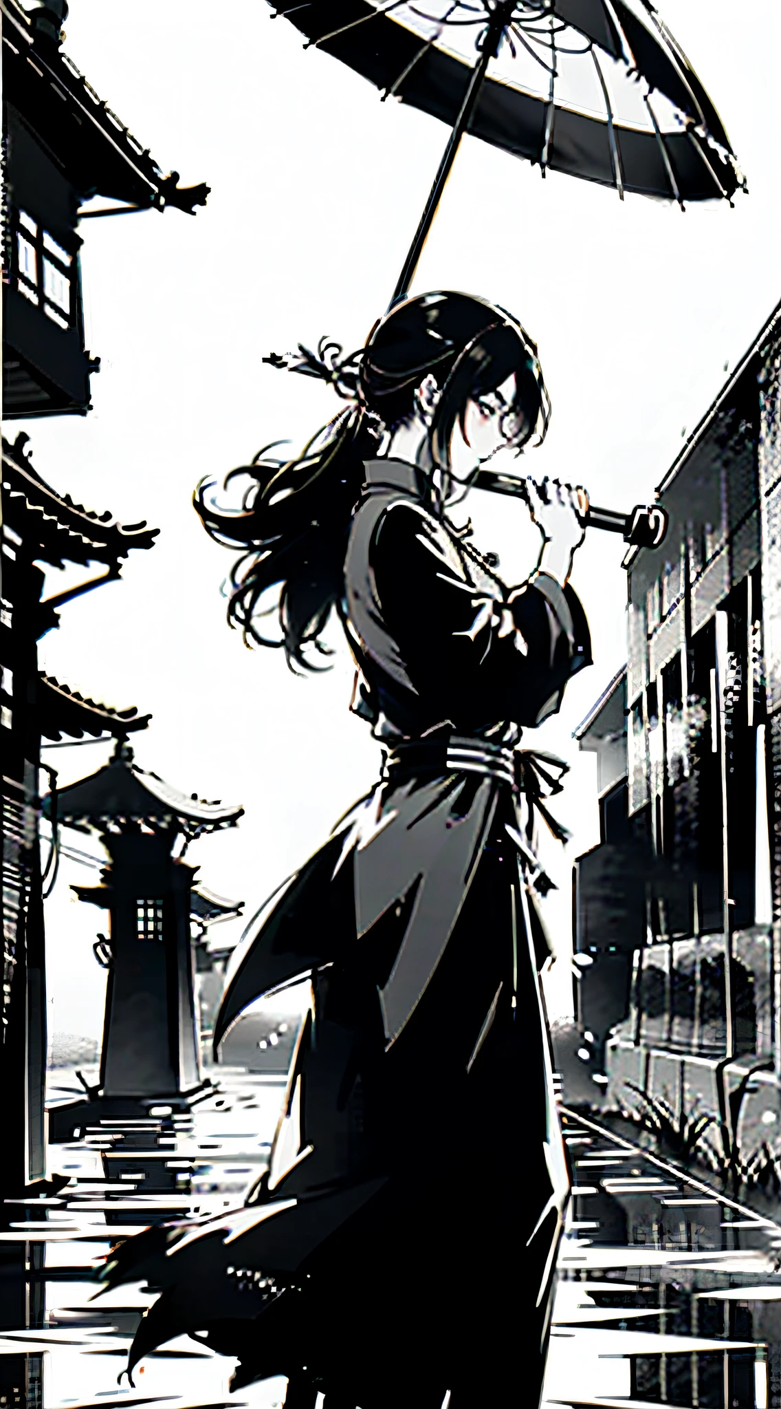Arafard image of a man holding an umbrella in front of a wall, a picture inspired by Xiao Yuncong, not splashed, video art, covered with Chinese text, female figure in shadow,