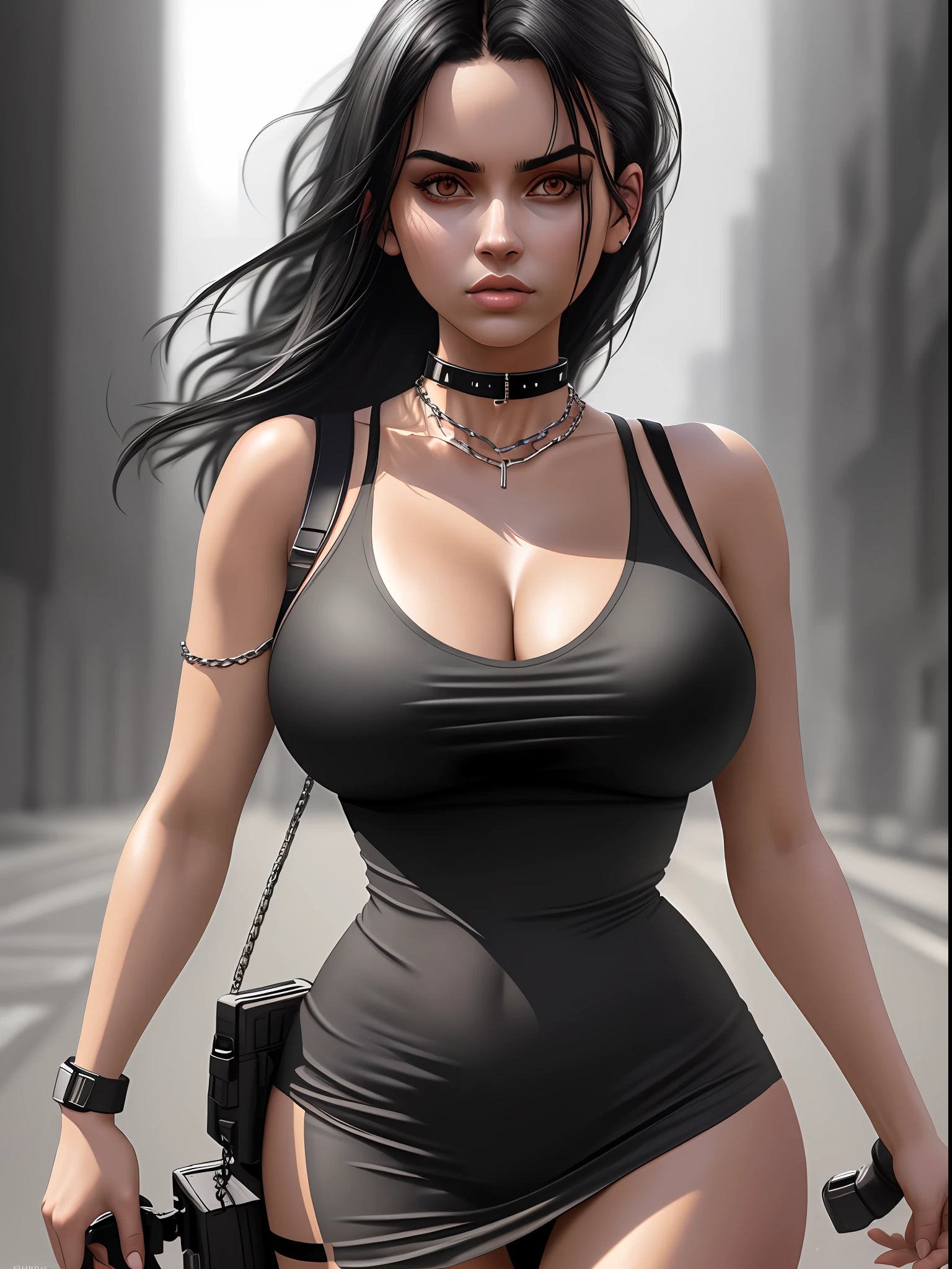 Body top, extremely detailed clothing, black hair, big-breasted girls with cleavage, thin strap-on shirt, bare shoulders, (((photorealism)))), cyber realism, 16k, (1girl), collar and chain