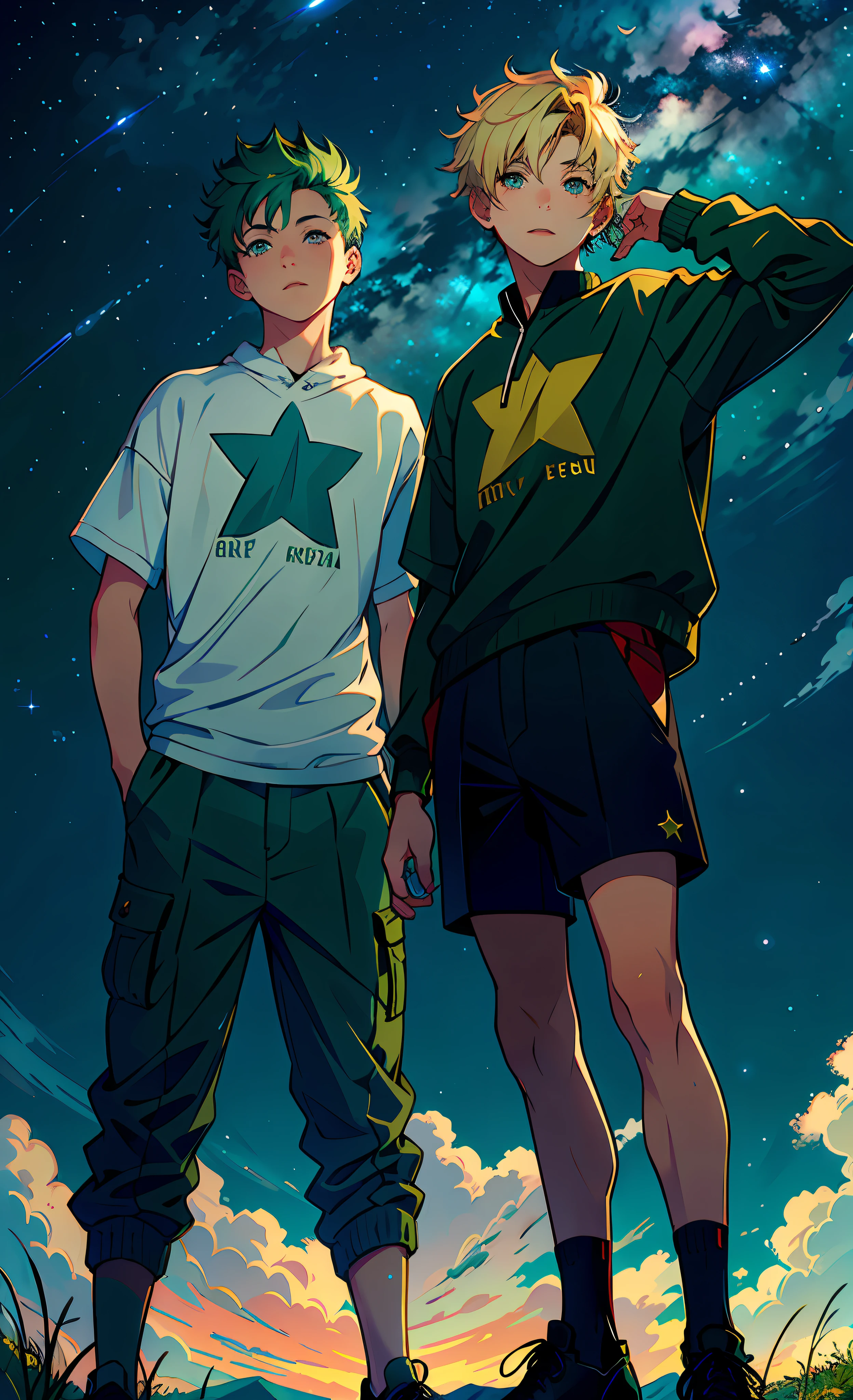 Image of a young and handsome boy with short blonde hair and red eyes and a young and pretty boy with green hair looking up at the starry sky with shooting stars across the sky.