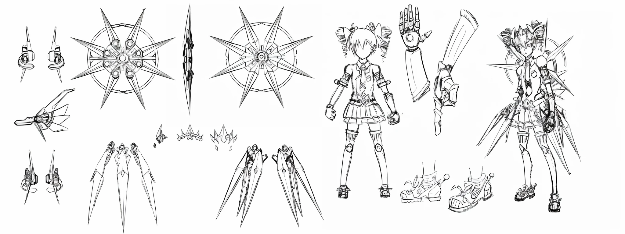 Concept, girly, cartoon, mechanical arm, mechanical calf, double helix braid, three no girls, school uniform miniskirt, metal hovering octagonal wheel at back, character setting,
