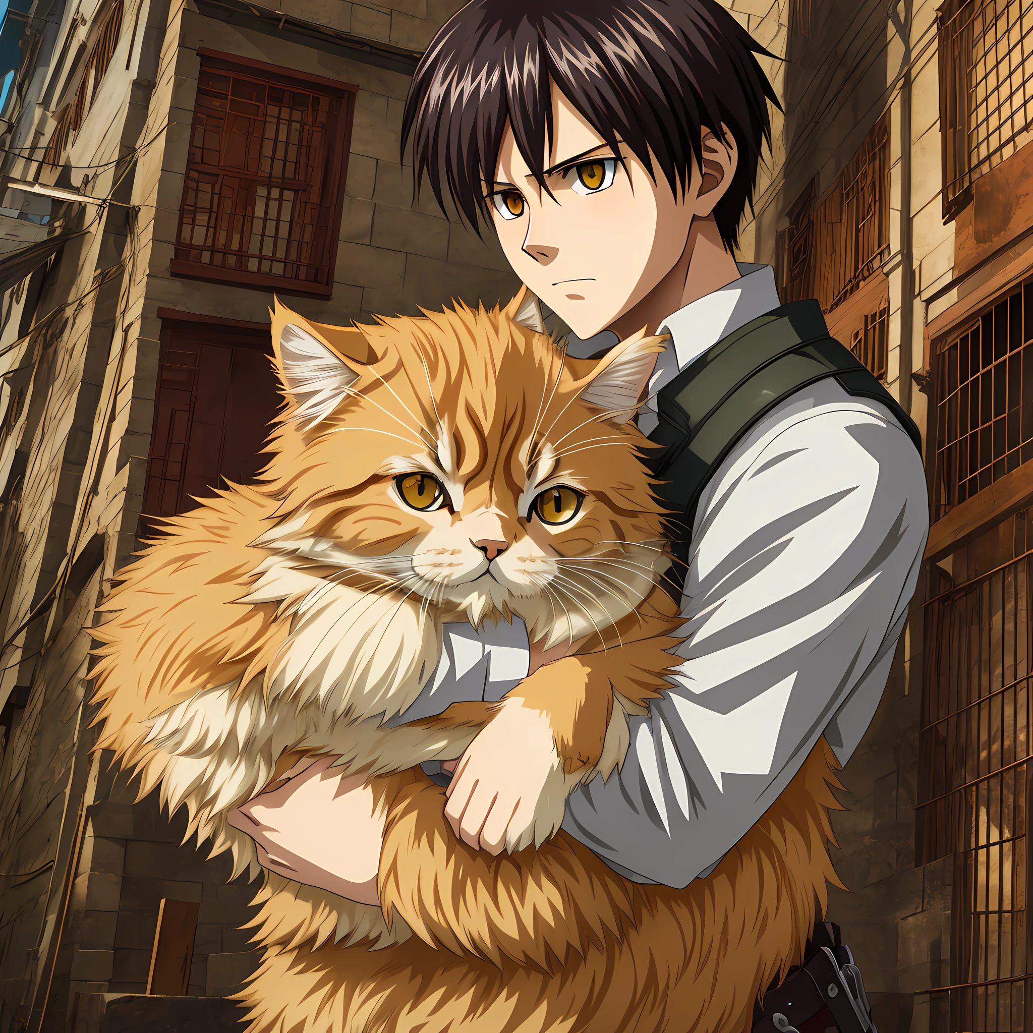 levi from attack on titan holding an orange persian cat, 8K,master piece, anime styled, add details in background --auto --s2