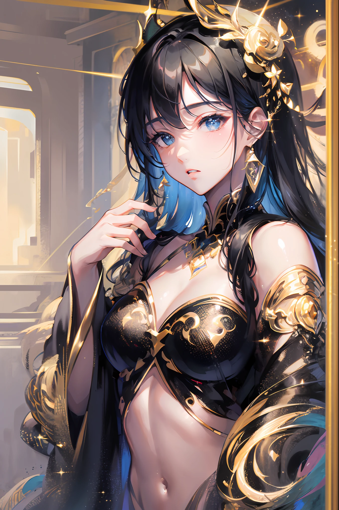 ((Masterpiece, Superb Quality, Super Delicate, High Resolution)), Pretty Girl, Sparkling Eyes, Black Gold Style, Flowing Color Ink, by Wlop