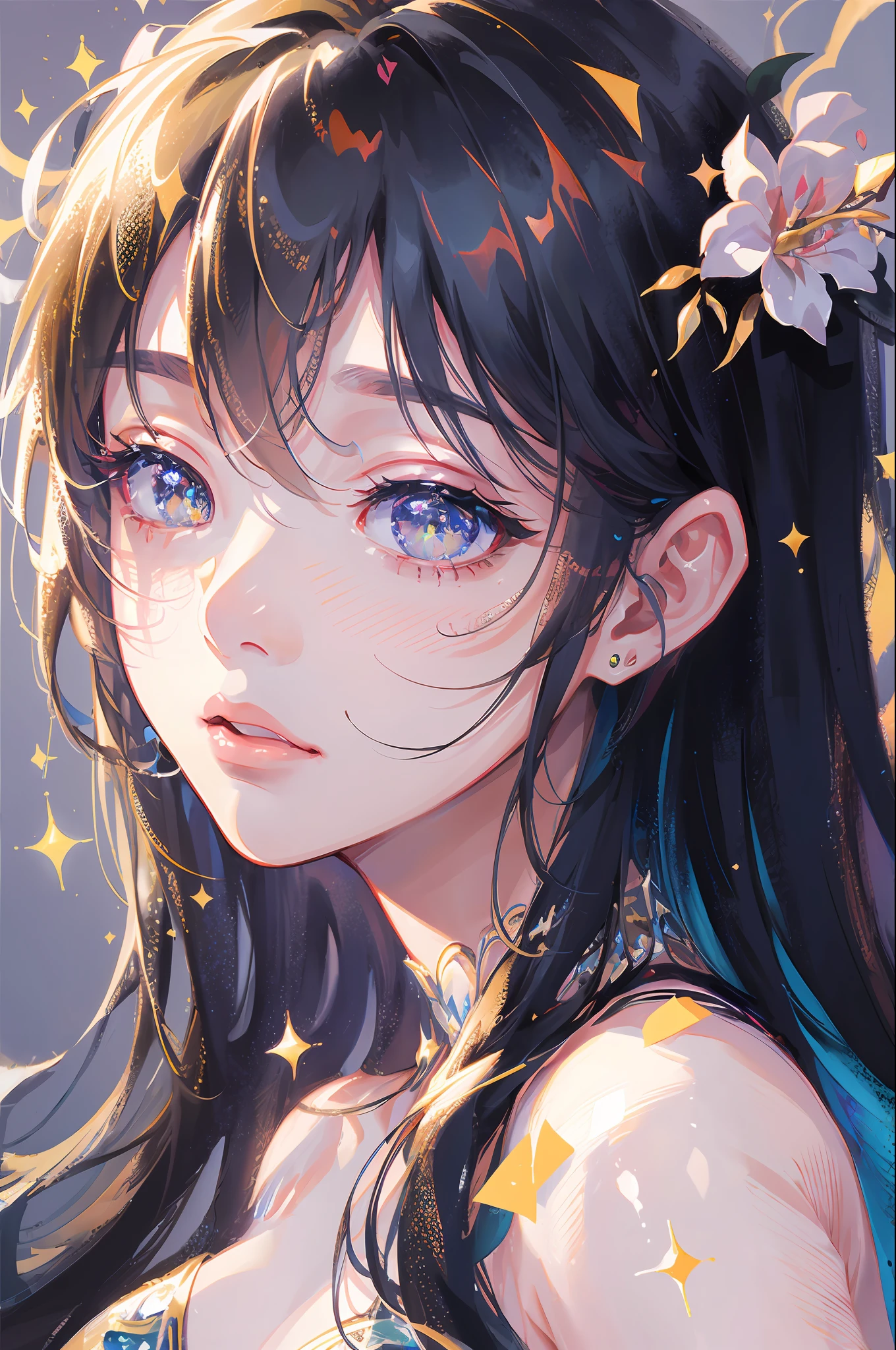((Masterpiece, Superb Quality, Super Delicate, High Resolution)), Pretty Girl, Sparkling Eyes, Black Gold Style, Flowing Color Ink, by Wlop