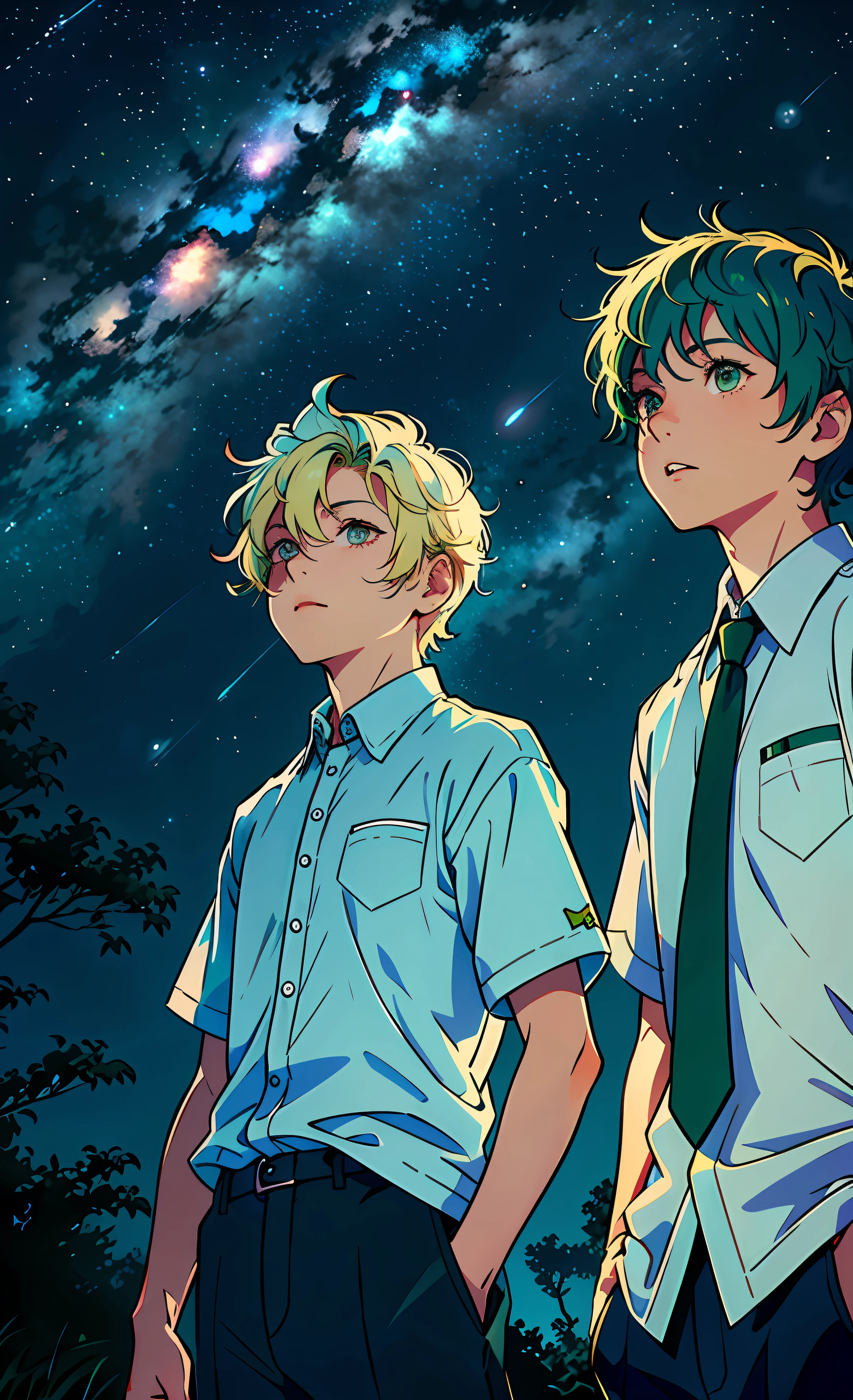 Illustration of a young cool boy with short blond hair and red eyes and a young and cute boy with sky-green hair looking up at the starry sky with shooting stars across the sky.