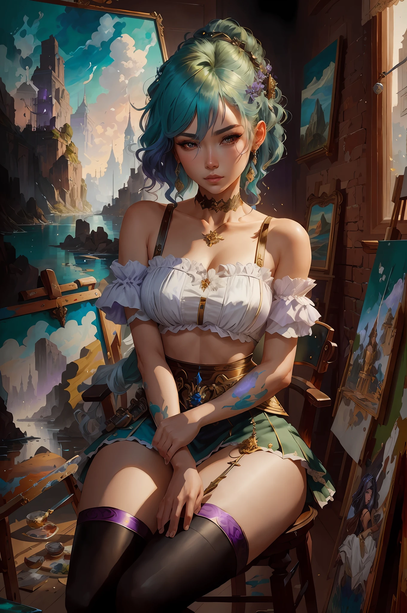 A woman with violet hair sitting on a chair in front of a painting, extremely detailed artegerm, beautiful character painting, IG model | Artgerm, an epic painting by an artist, Trending Artgerm, Guweiz style artwork, Fantasy art style, Artgerm and Wlop, Artgerm style, Artgerm style