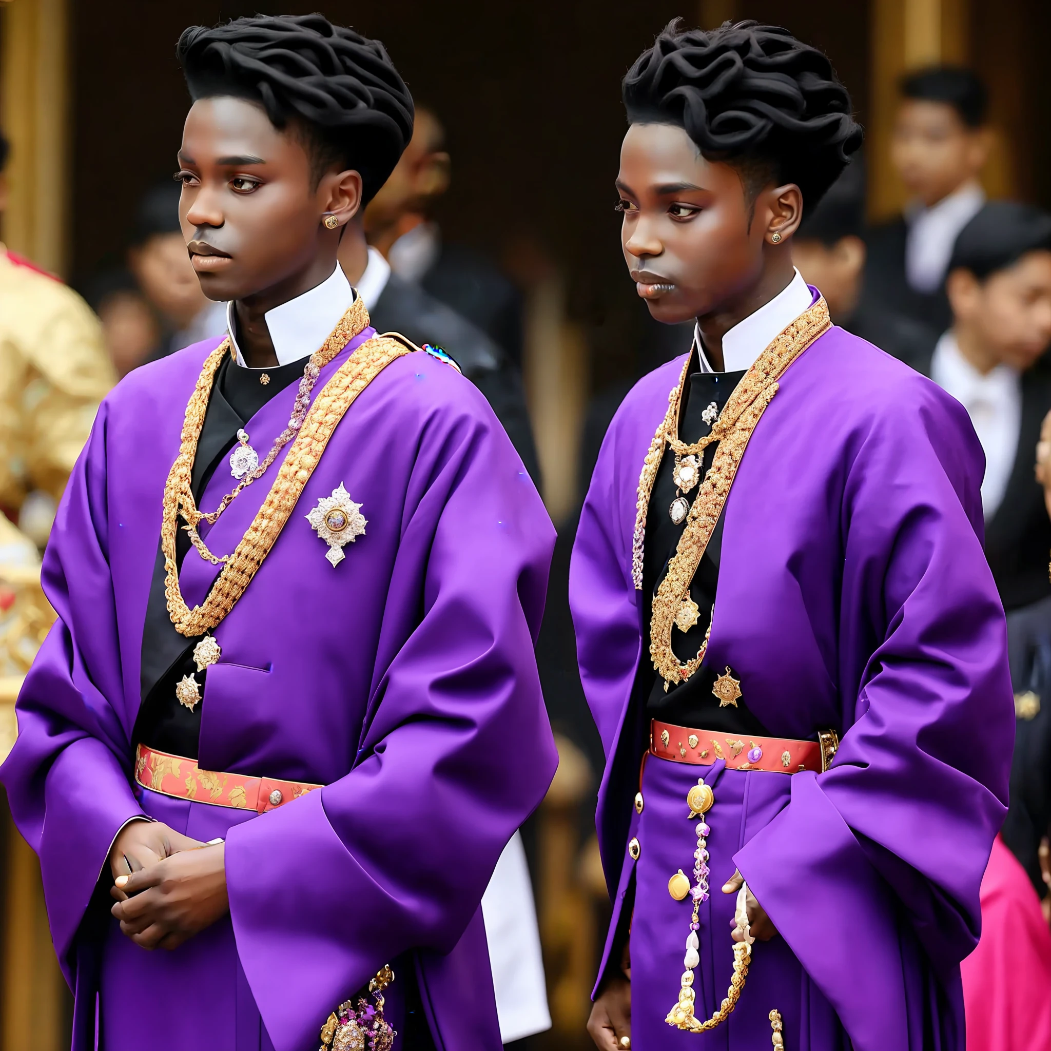 A young prince with black skin, purple hair and beautiful appearance wearing rich clothes