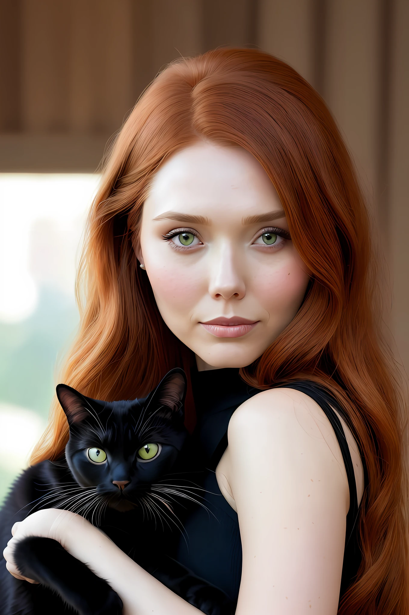 High-angle photo of a beautiful redhead Elizabeth Olsen, woman REDHEAD HOLDING A FELINE A BLACK CAT 8 5 mm art lens, f 1. 2, sharp focus, 8K high definition, insanely detailed, intricate, elegant, art by Stanley Lau and Artgerm