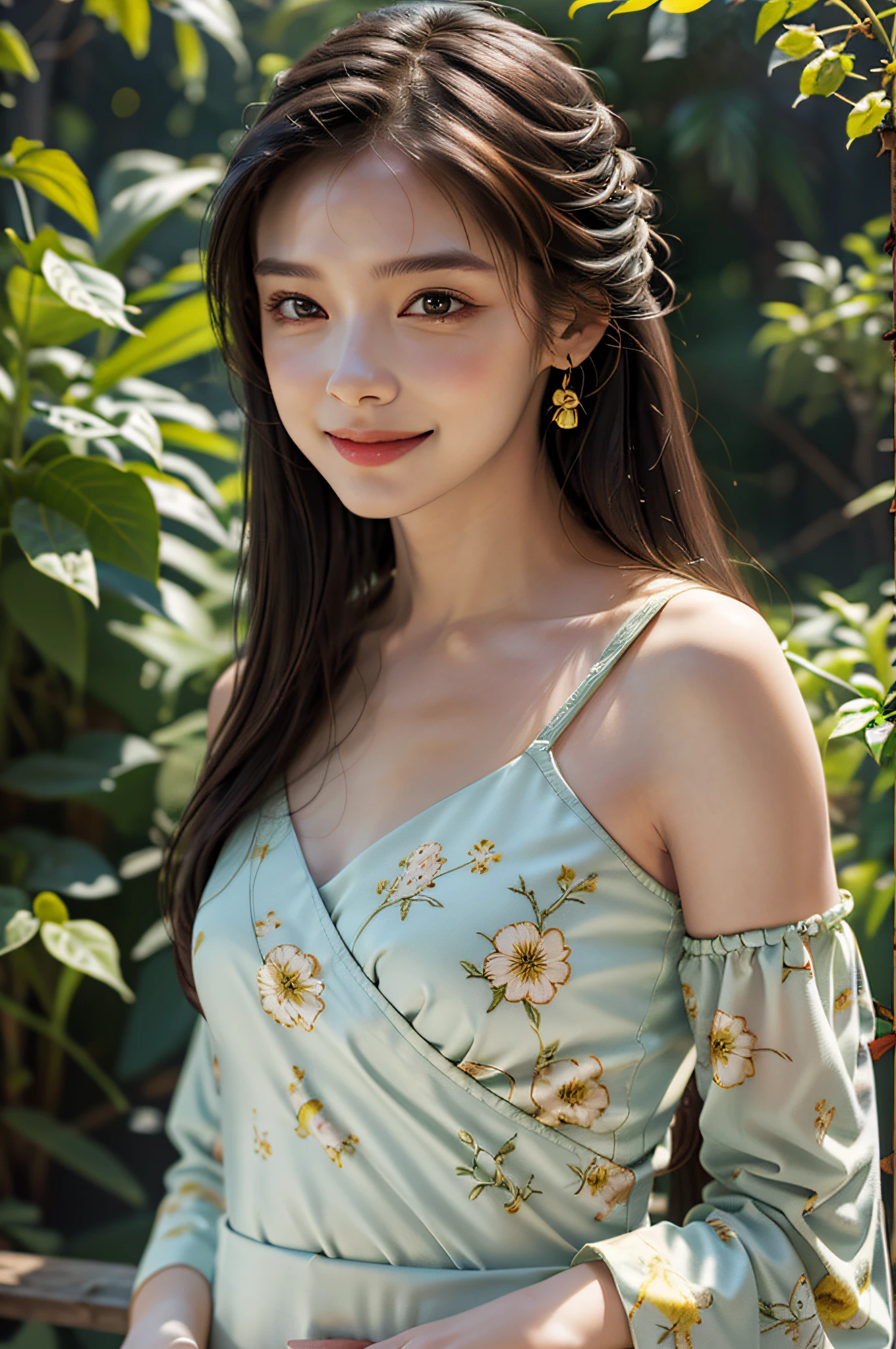 (Photo: 1.2), (Outdoor: 1.3), (Rain: 1.3), (Warm Colors: 1.2), (Yellow and Green Palette: 1.4), (Bohemian Style: 1.5), (Long Wave Hair: 1.4), (Bright Smile: 1.3), (Wearing Yellow Floral-print Dress, Ruffled Sleeves and Wrap Design), (Full Body Shot: 2), (Natural Daylight)