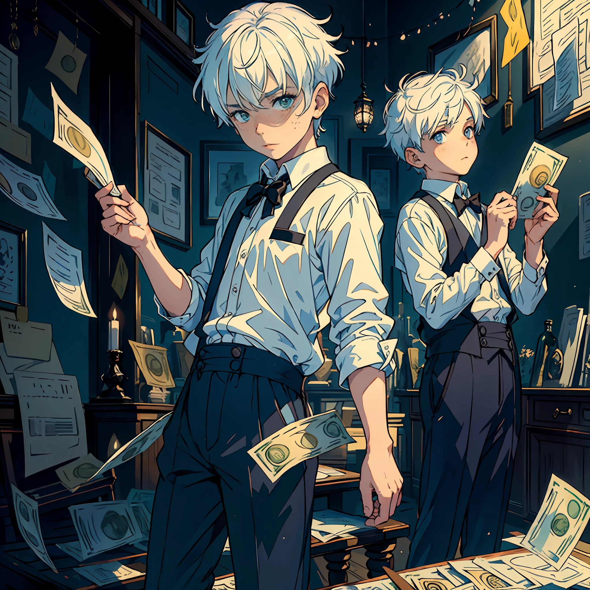 masterpiece,best quality:1.2),
(1boy:1.5),White hair,(Banknotes:1.2),(Flying notes:1.2),
