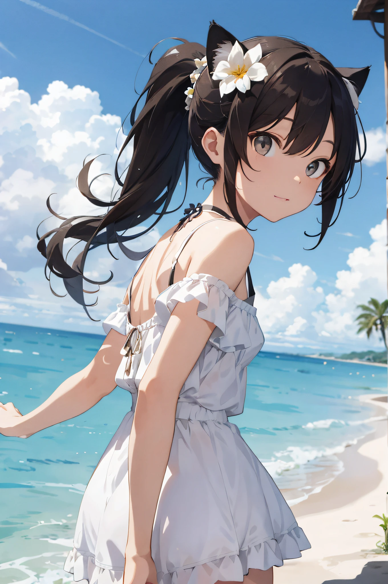 masterpiece, best quality, high resolution, LH1, cat ears ,hair flower, ponytail, white dress, bare shoulders, collarbone, short sleeve, beach, cowboy shot, arms behind back,