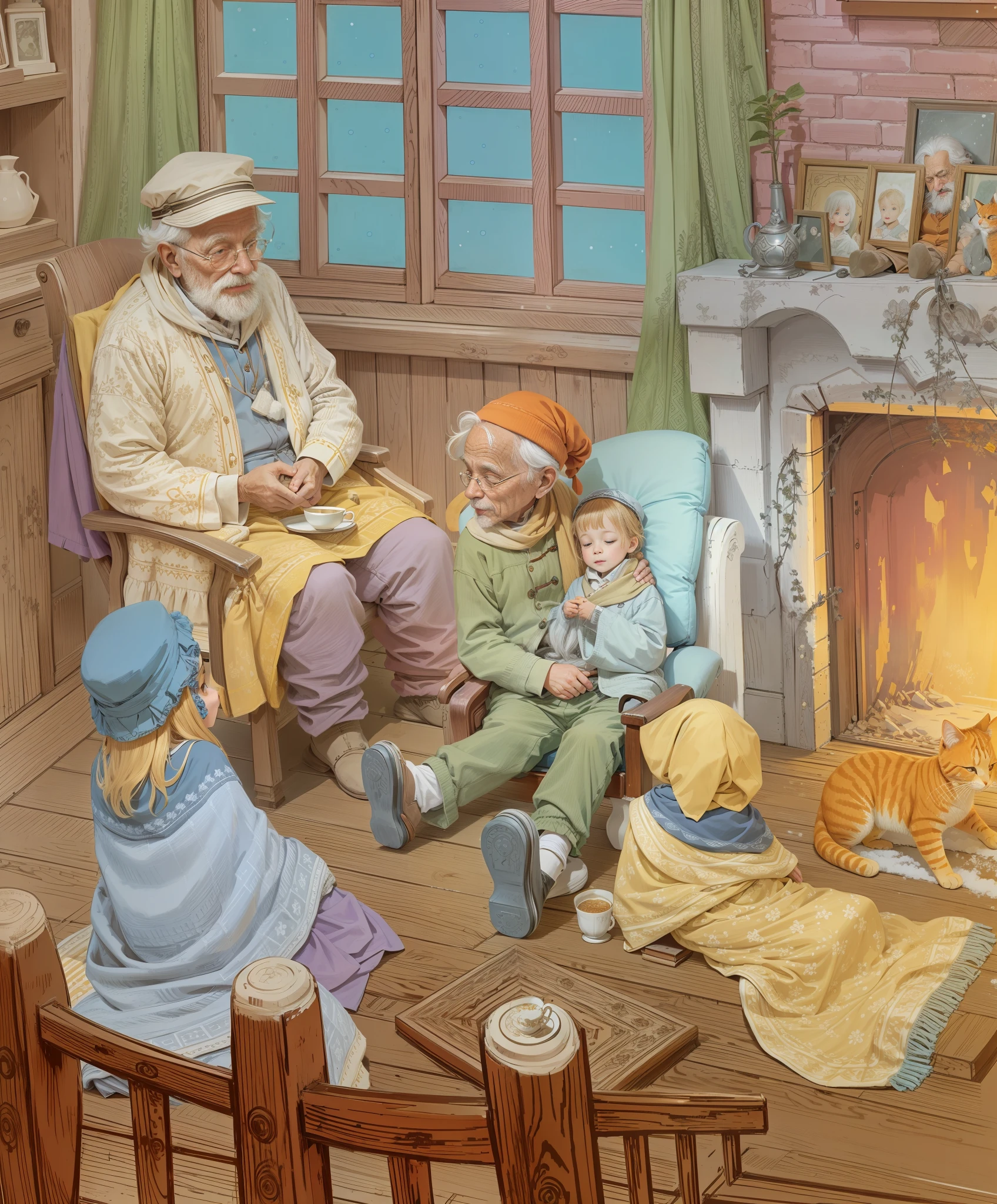 An old grandfather sitting in a chair is telling a story to the child's door, the grandfather is holding a teacup with a blanket over his legs, 4 children are sitting on the ground, smiling old wooden room, fireplace, decorations, orange cat sleeping, lattice curtains, mahogany windows, snow outside the window