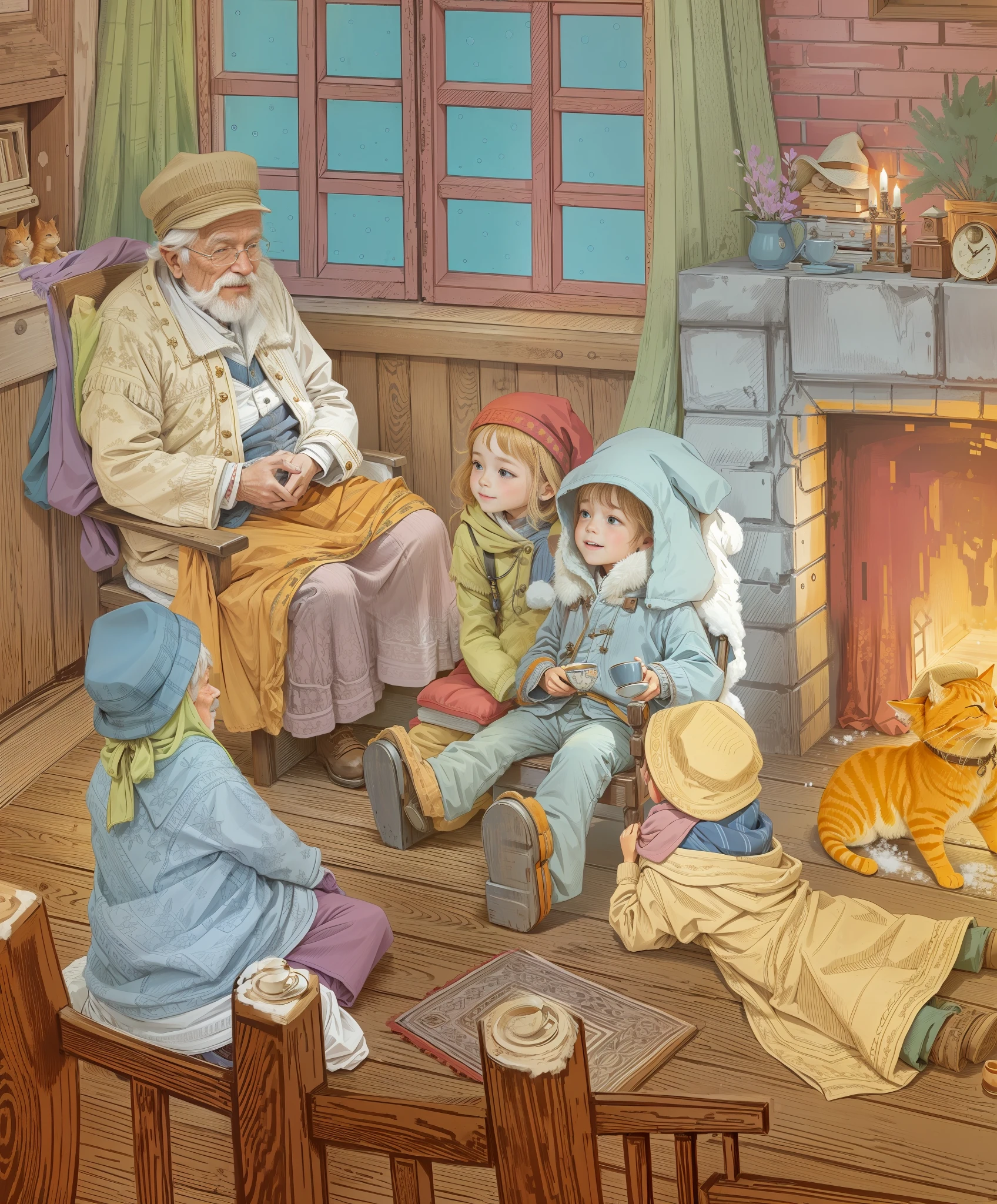 An old grandfather sitting in a chair is telling a story to the child's door, the grandfather is holding a teacup, wearing a hat, wearing an old jacket, with a blanket over his legs, 4 children are sitting on the ground, smiling old wooden room, fireplace, decorations, orange cat sleeping, lattice curtains, mahogany windows, snow outside the window