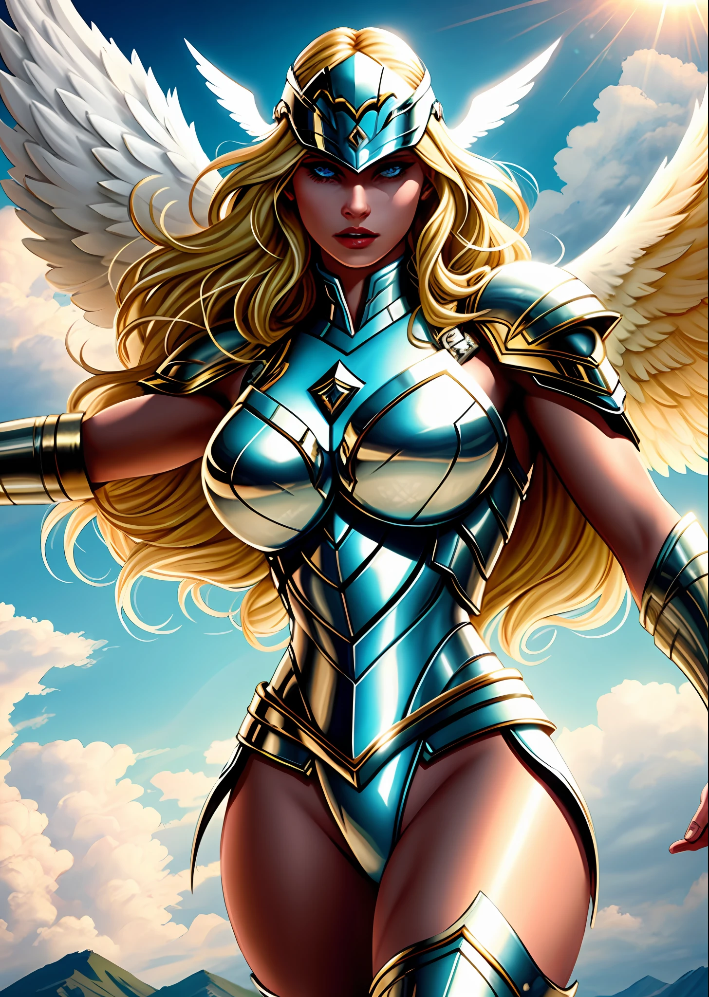 1girl, (realistic:0.75), (line art:0.6), cowboy shot of beautiful valkyrie, (gold (((engraved))) armor:0.33), athletic, (muscular), (open face helmet), pale skin, (large angel wings:1.2), (long blonde flowing hair), regal glowing eyes, sky, beautiful clouds, sunlight, volumetric lighting, intricate details, tonemapping, sharp focus, very detailed, trending on Artstation, (medium breasts), (dramatic lighting), (best quality), (award winning), (masterpiece), (good anatomy), (good composition), ((empty hands)), centered:0.5,