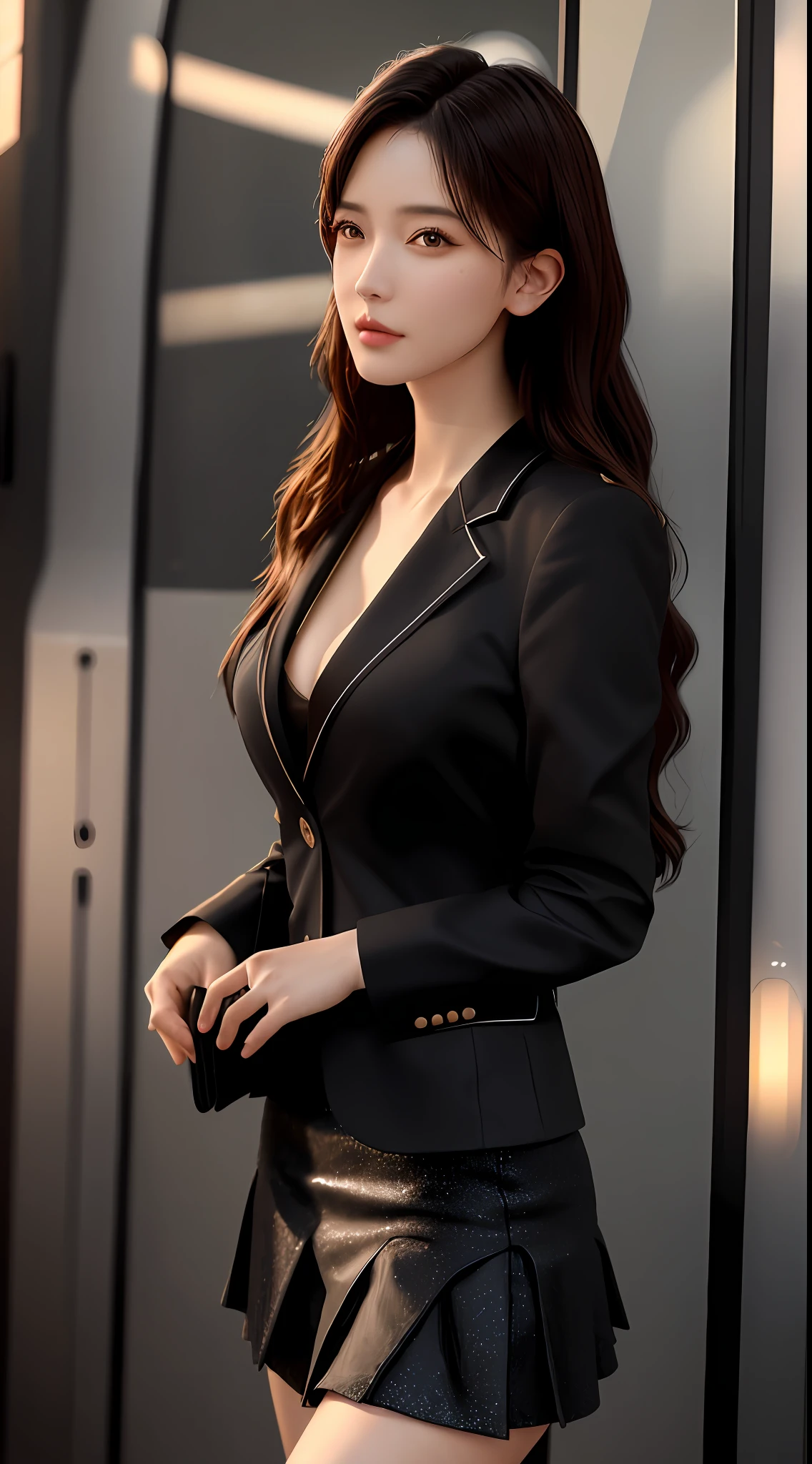 best quality, masterpiece, 1girl, Beautiful face, (photo realistic:1.3), rim lighting, (high detailed skin:1.2), 8k uhd, dslr, high quality, high resolution, 4k, 8k, Bokeh,  absurdres, best ratio four finger and one thumb, (realistic:1.3), cute 1girl, wearing black formal blazer, medium breasts, short skirt,