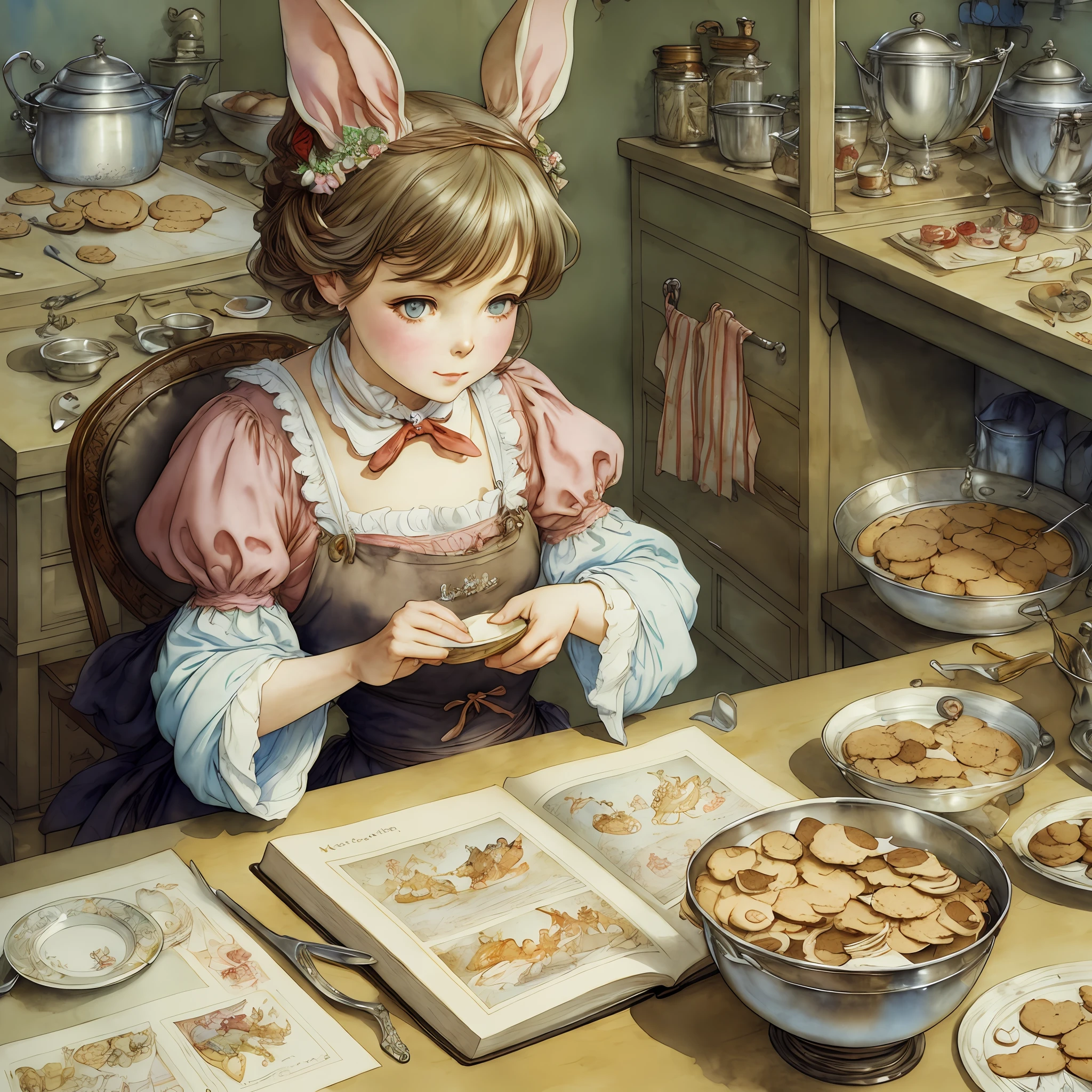 Cute bunnys baking cookies, hyperrealism, hyperdetail, book illustration, watercolor style, hight detailed, by Heinrich Kley, Randolph Caldecott, Charles Dwyer, Brian Froud, Martine Johanna, Ayami Kojima --auto --s2