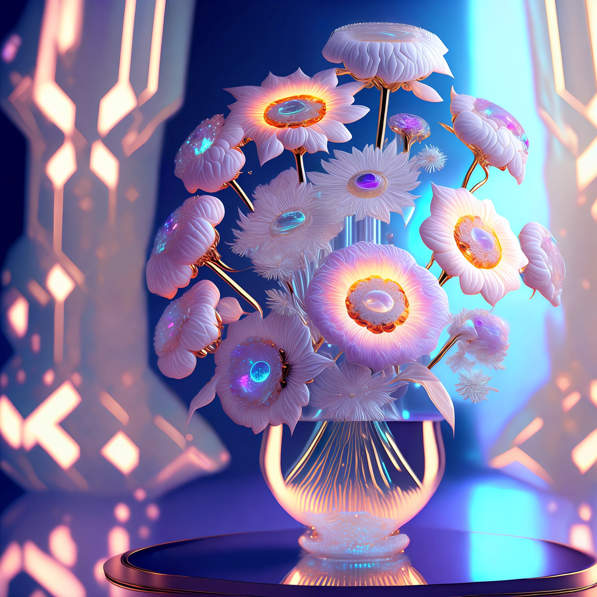 Masterpiece, best quality, a bouquet of heavenly flowers in a crystal vase, cyberpunk style, (((intricate background))), (((intricate details))), ultra-detailed, (((realistic))), Cinematic, Unreal Engine 5 rendering, 3d rendering lighting, dynamic lighting, (reflected and refracted lighting glow), ((diamond effect)), flares, brighter,