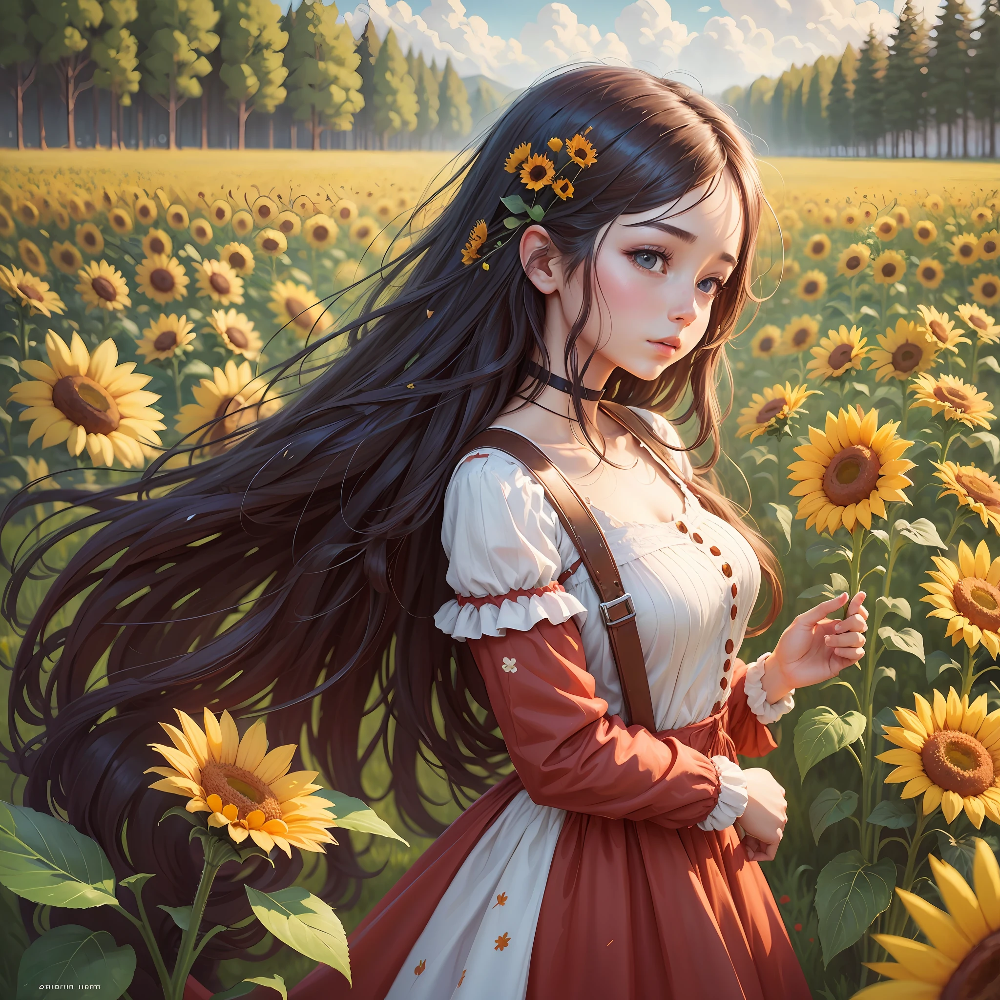 there is a girl with long hair and red shirt standing in a field of flowers, realistic painting beautiful girl, girl in flowers, cute digital art, beautiful digital painting, beautiful digital art, beautiful sunflower anime girl, lovely digital painting, a beautiful art illustration, beautiful detailed digital art, beautiful digital illustration, very beautiful digital art, beautiful anime girl, digital cartoon painting art --auto --s2