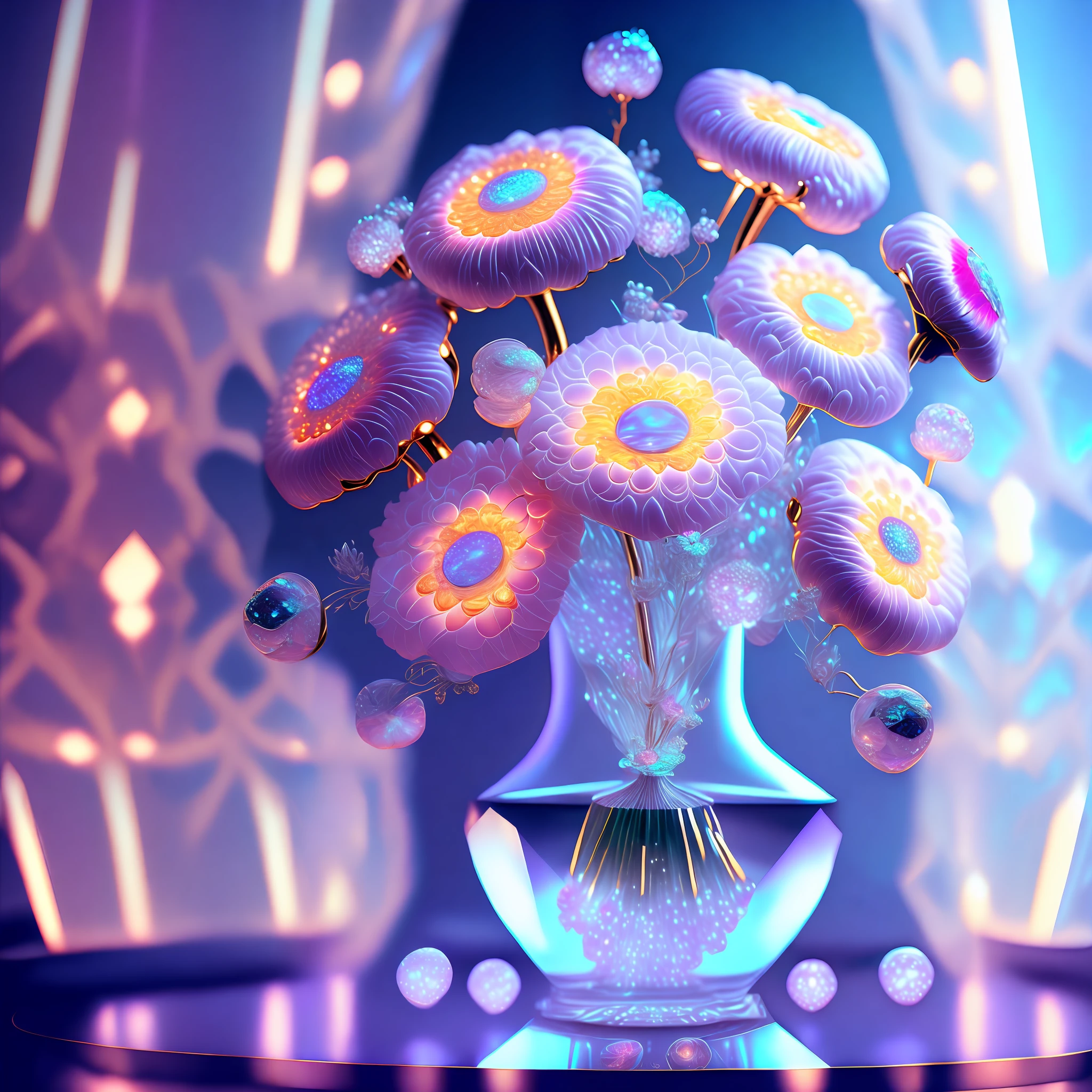 Masterpiece, best quality, a bouquet of heavenly flowers in a crystal vase, cyberpunk style, (((intricate background))), (((intricate details))), ultra-detailed, (((realistic))), Cinematic, Unreal Engine 5 rendering, 3d rendering lighting, dynamic lighting, (reflected and refracted lighting glow), ((diamond effect)), flares, brighter,