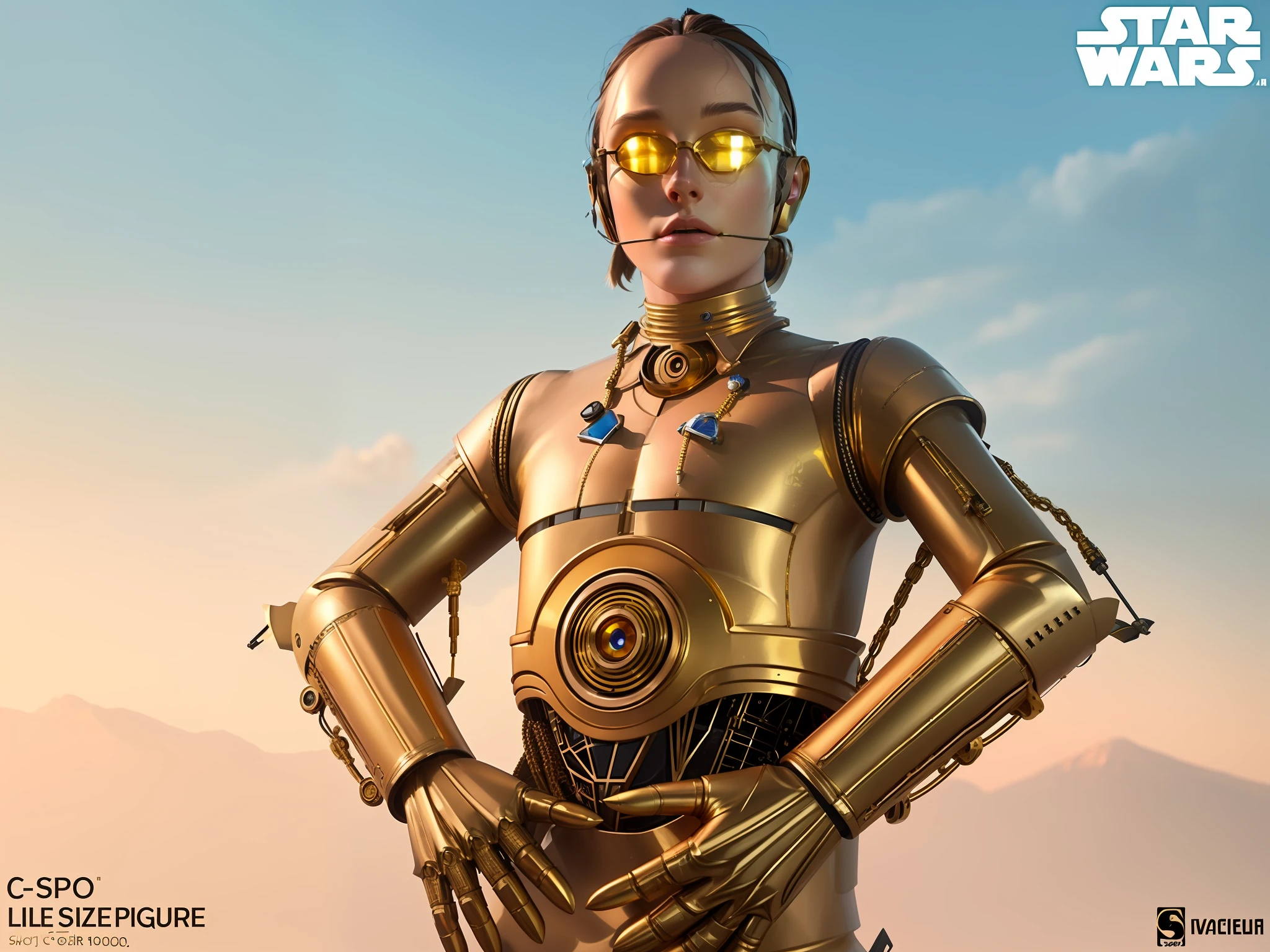araffe in a gold costume with yellow glasses and a gold helmet, c3po, cgsociety - w 1 0 2 4 - n 8 - i, wojtek fus, gold sci - fi armour, retrofuturistic female android, elle fanning as an android, ultra detailed female android, cgsociety masterpiece, star wars character, sci-fi android female