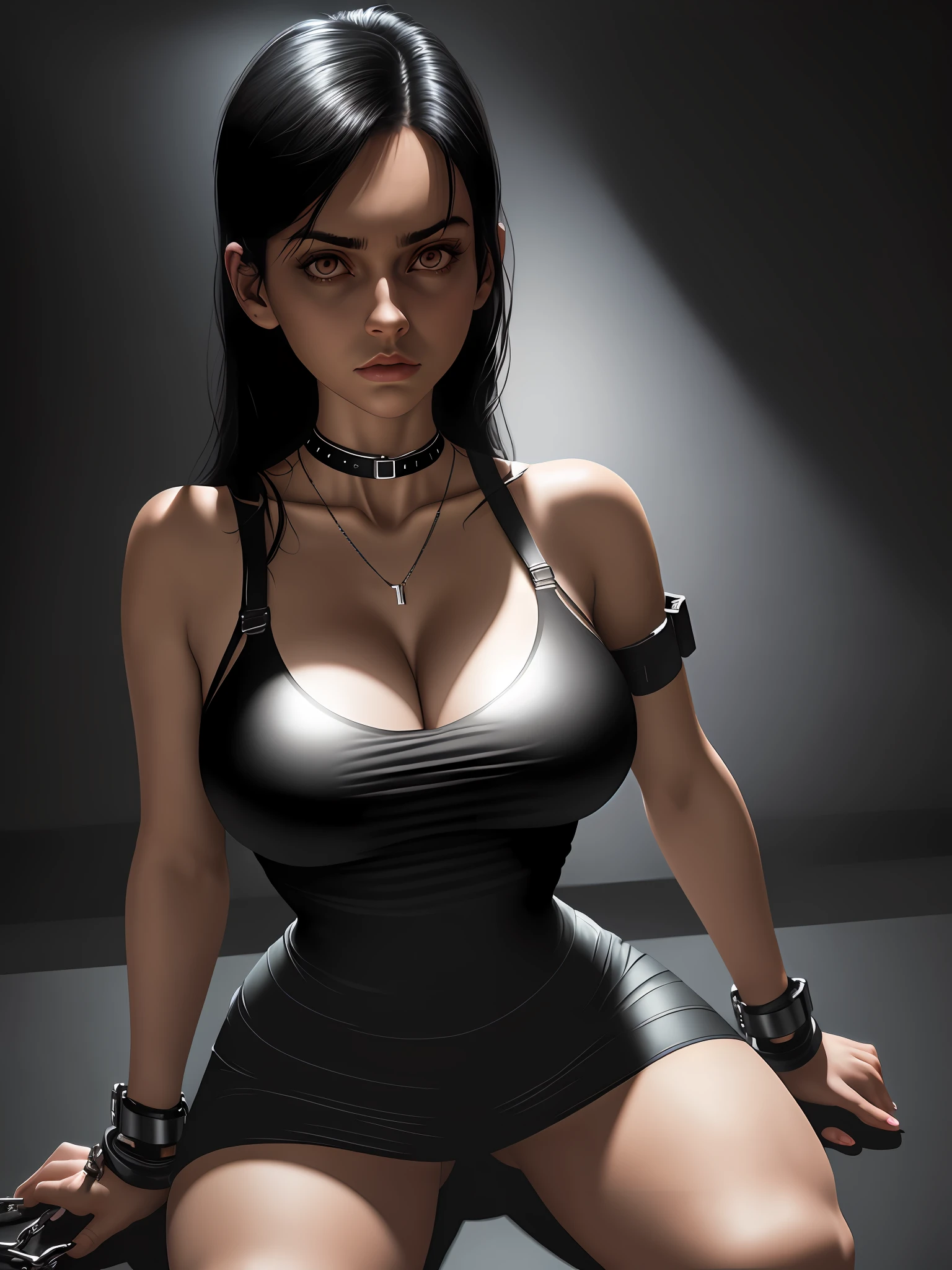 Body top, extremely detailed clothing, black hair, big-breasted girls with cleavage, thin strap-on shirt, bare shoulders, (((photorealism)))), cyber realism, 16k, (1girl), collar, neck chain, kneeling, extremely realistic skin, clothing with details, pair of handcuffs, room with white lights, (((dark room)))