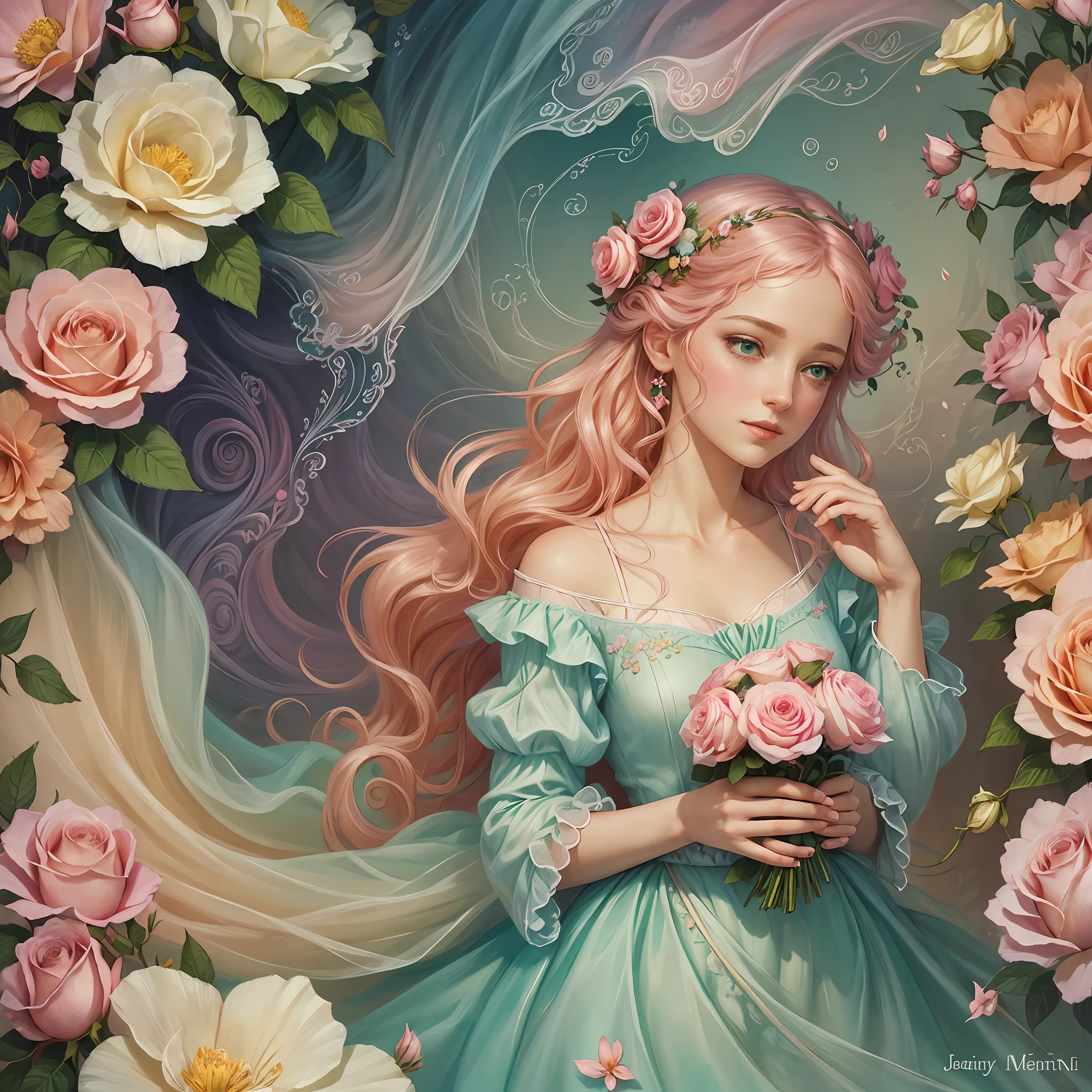 Whimsical fantasy elegant rose floral botany minimalism with a wave of flowers garden flowing flowers floating in hazy pastel pink, aqua green, pastel apricot, smoke fractal, moody and massively realistic flowers, octane rendering, Josephine wall art, Isabel Menin, Jean, Amy brown --auto --s2