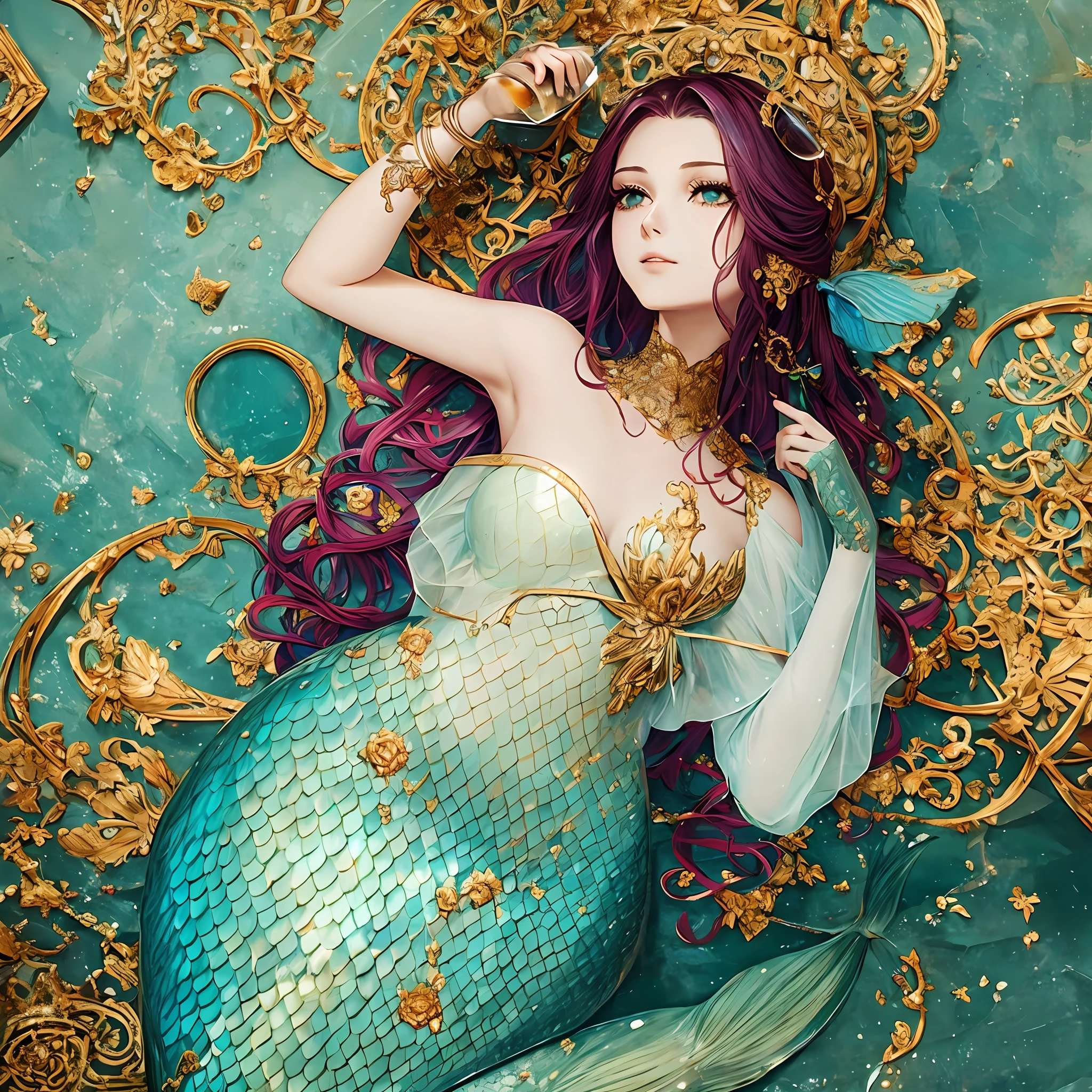 mermaid, crazy, drinking wine, holding wine, art. masterpiece --auto --s2