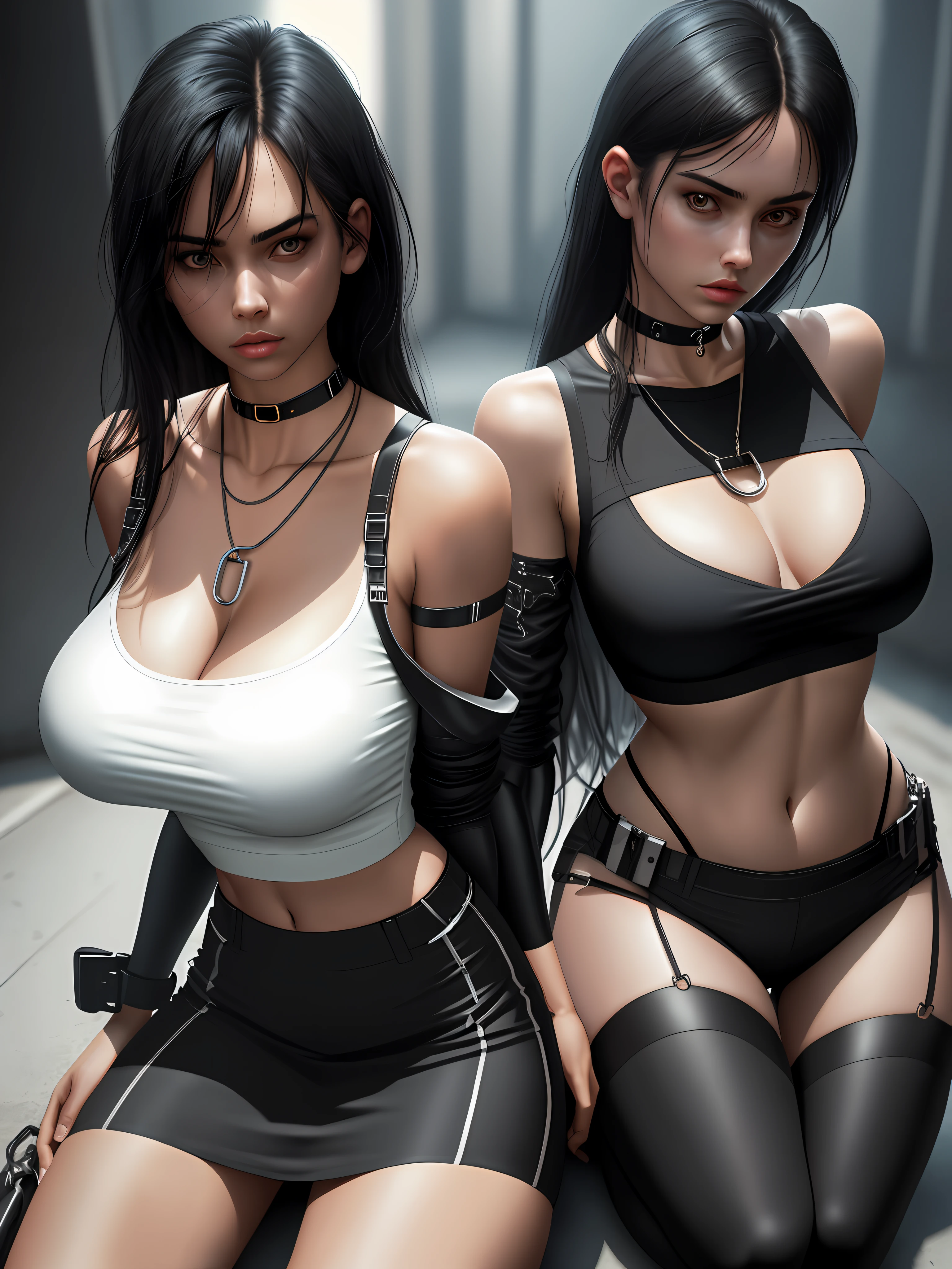 Body top, extremely detailed clothing, black hair, large-breasted girls with cleavage, thin strap-on shirt, bare shoulders, (((photorealism))), cyber realism, 16k, (1girl), collar, neck chain, kneeling, extremely realistic skin, clothing with details, pair of handcuffs,