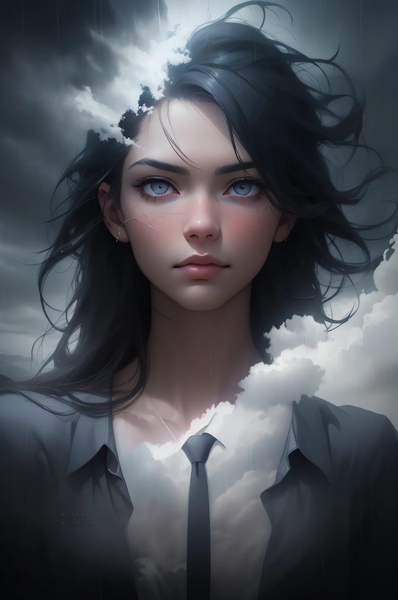 very pretty girl immersed in a giant flow of wind, living in a thunder cloud, movie poster, behind the cloud, languid sexy look, (double exposure:1.3), mist, surreal dream, gray atmosphere, rainy day, dynamic, lut, hdr