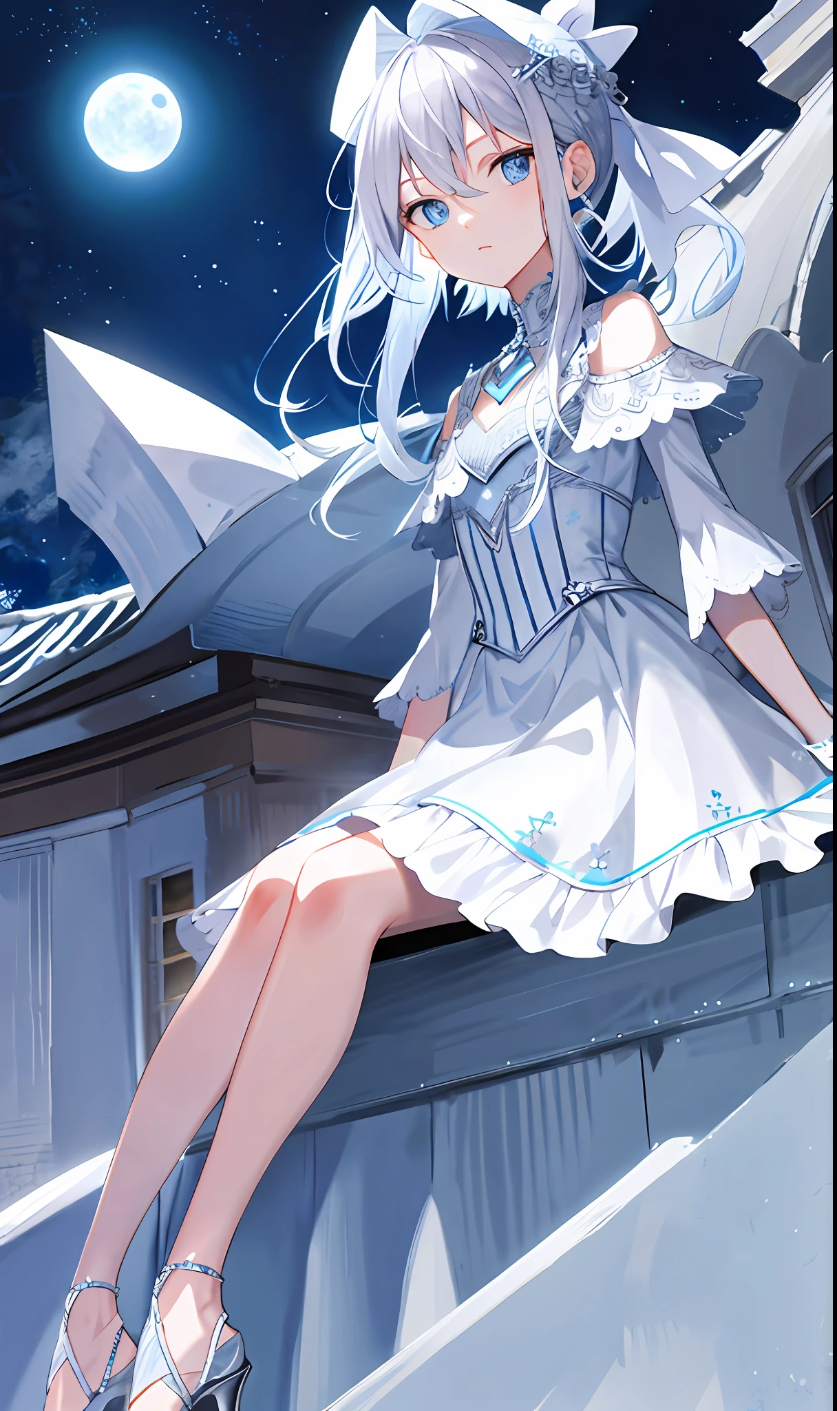 Silver hair, ice blue eyes, petite figure, indifferent expression,
Roof, sitting, night sky, moon,
8k