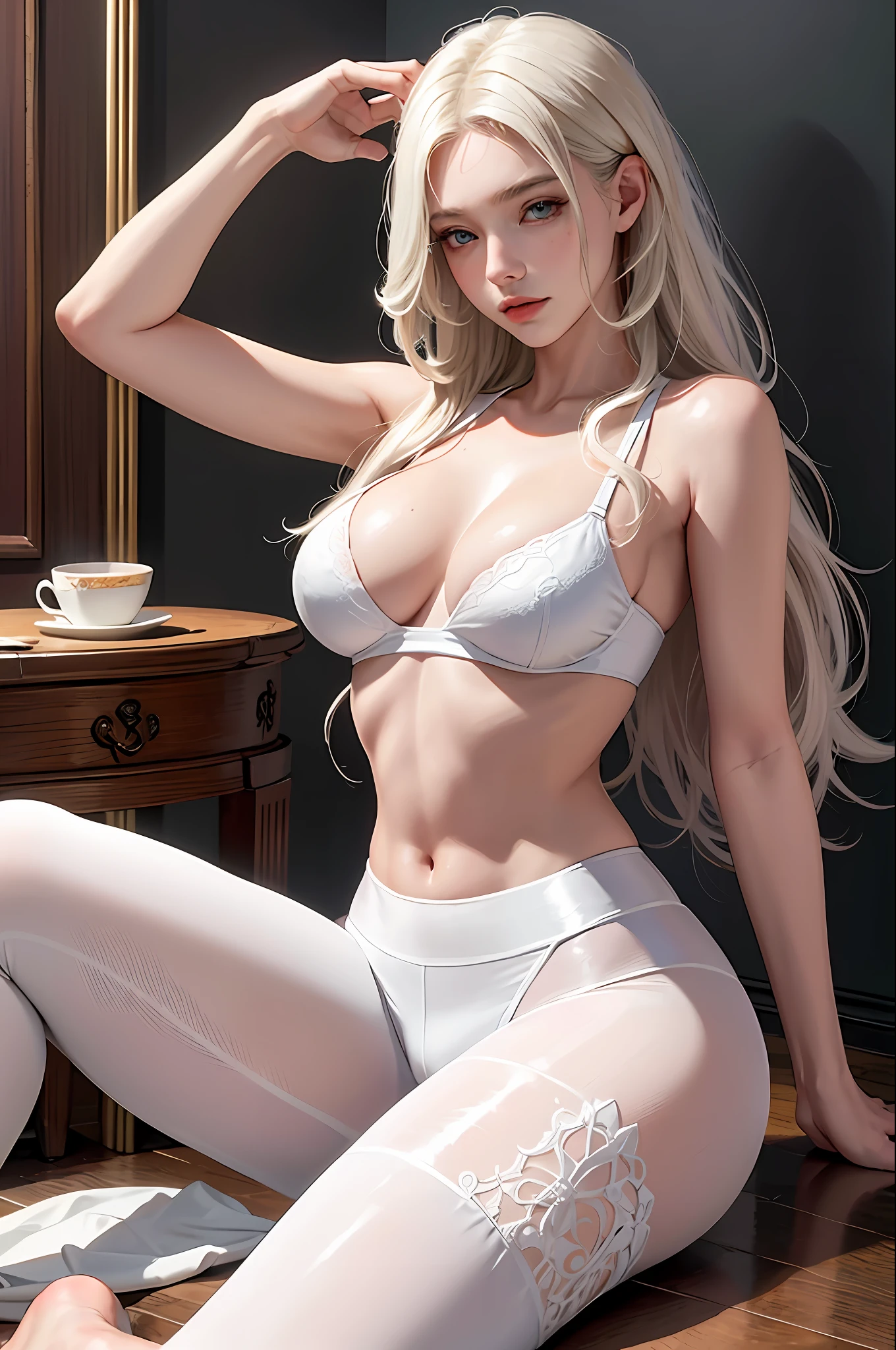 (hyperrealistic), (illustration), (high resolution), (8K), (extremely detailed), (best illustration), (beautiful detailed eyes), (best quality), (ultra-detailed), (masterpiece), (wallpaper), (detailed face), solo 1 girl, white wavy hair, korean, heterochromic eyes, small moles under the eyes, loose white shirt, yoga pants, big breasts, long legs, tight abs, camel toes, dynamic pose