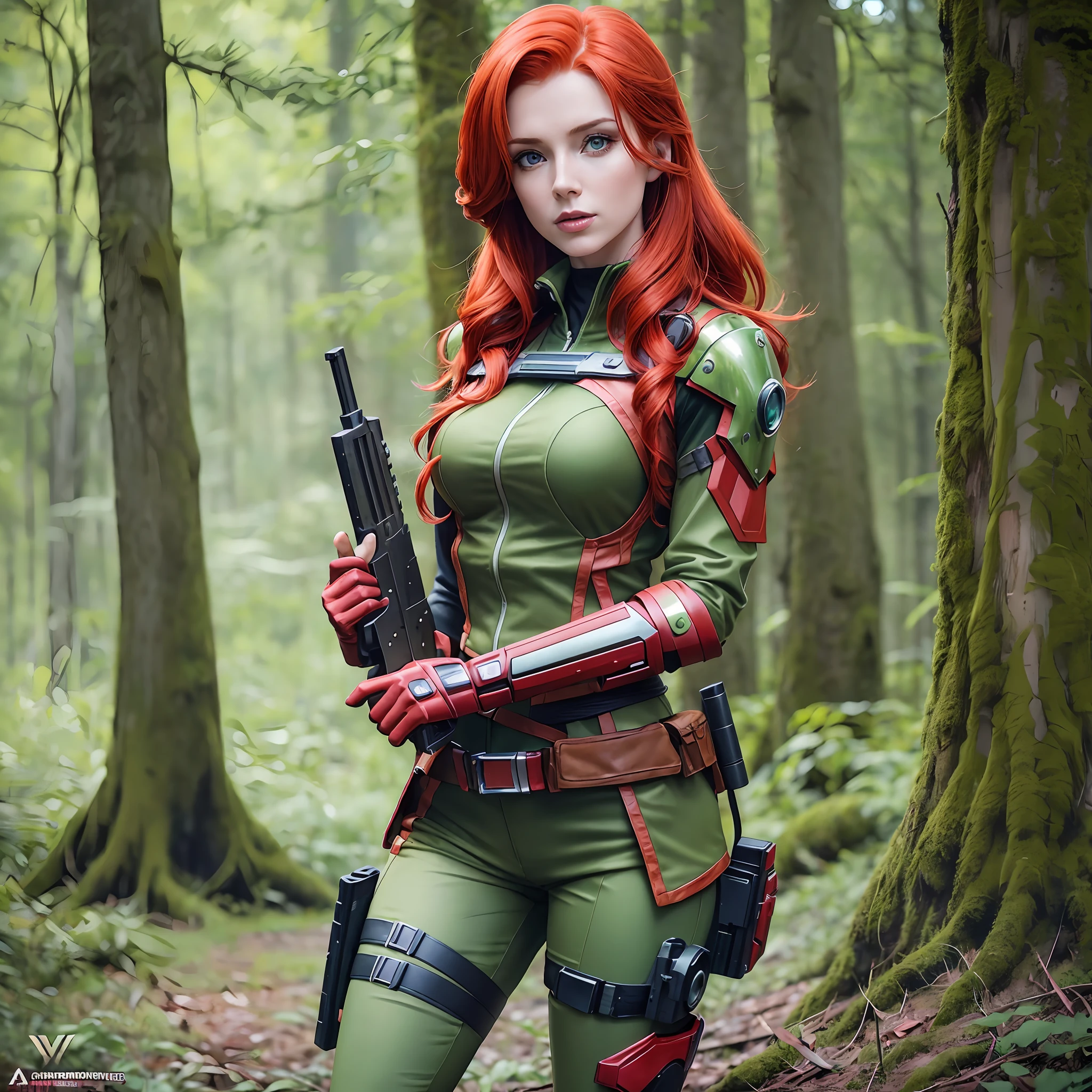 redhead haired woman with gun in forest with trees, redhead girl, amouranth, triss merigold cosplay, realistic cosplay, better known as amouranth, forest hunter lady, redhead woman, redhead, deviantart artstation cgscosiety, ( redhead, alena aenami and artgerm, redhead female cyberpunk, red hood cosplay --auto --s2